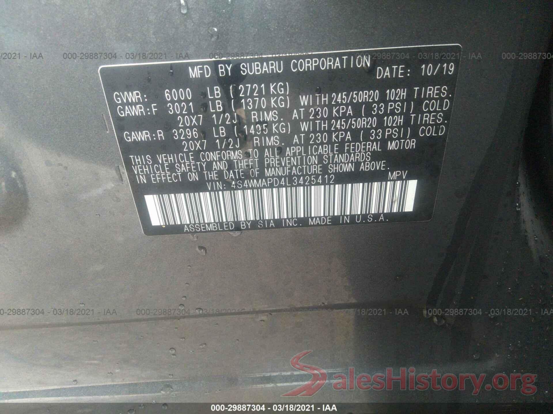 4S4WMAPD4L3425412 2020 SUBARU ASCENT