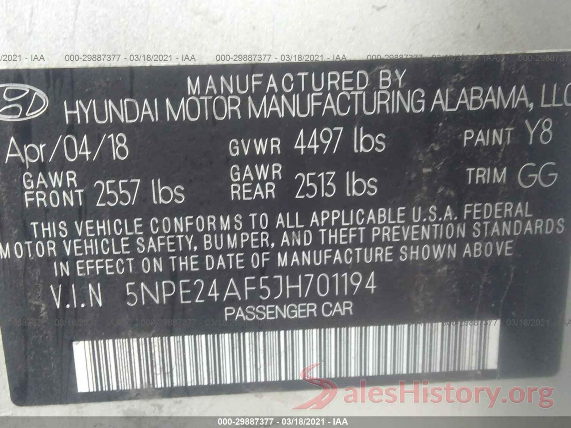 5NPE24AF5JH701194 2018 HYUNDAI SONATA