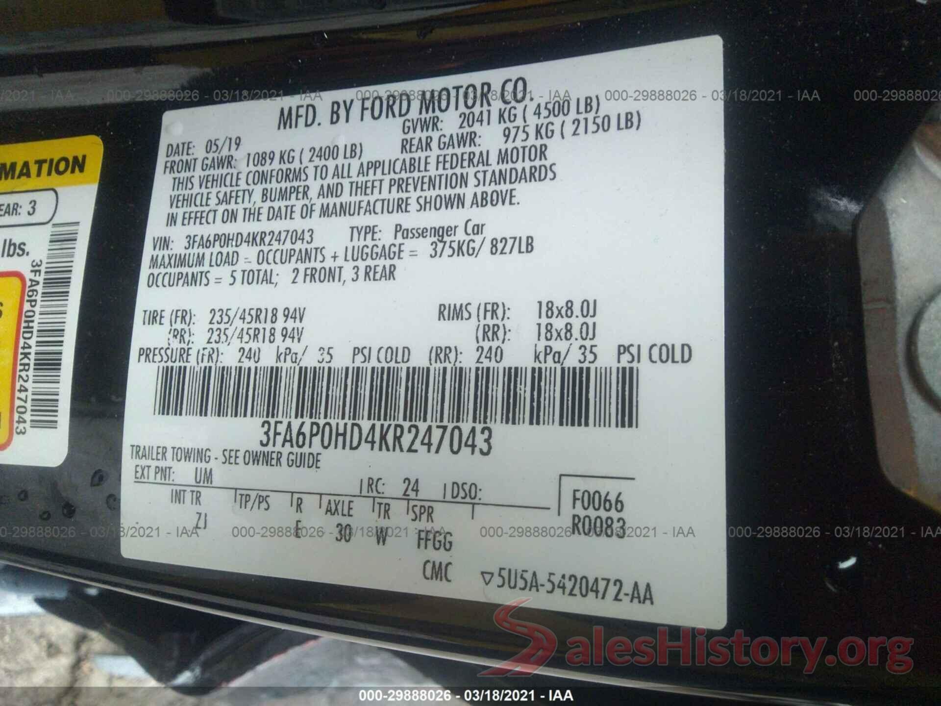 3FA6P0HD4KR247043 2019 FORD FUSION