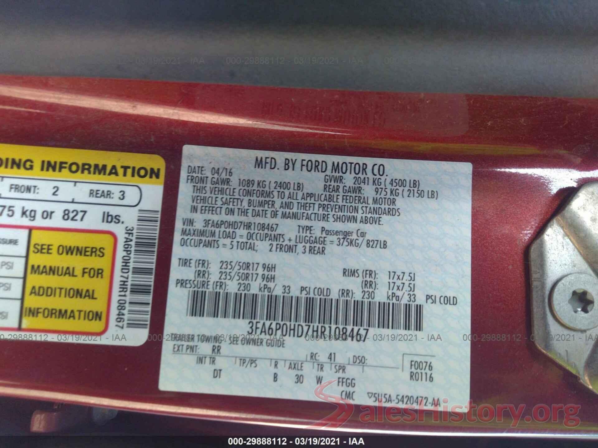 3FA6P0HD7HR108467 2017 FORD FUSION