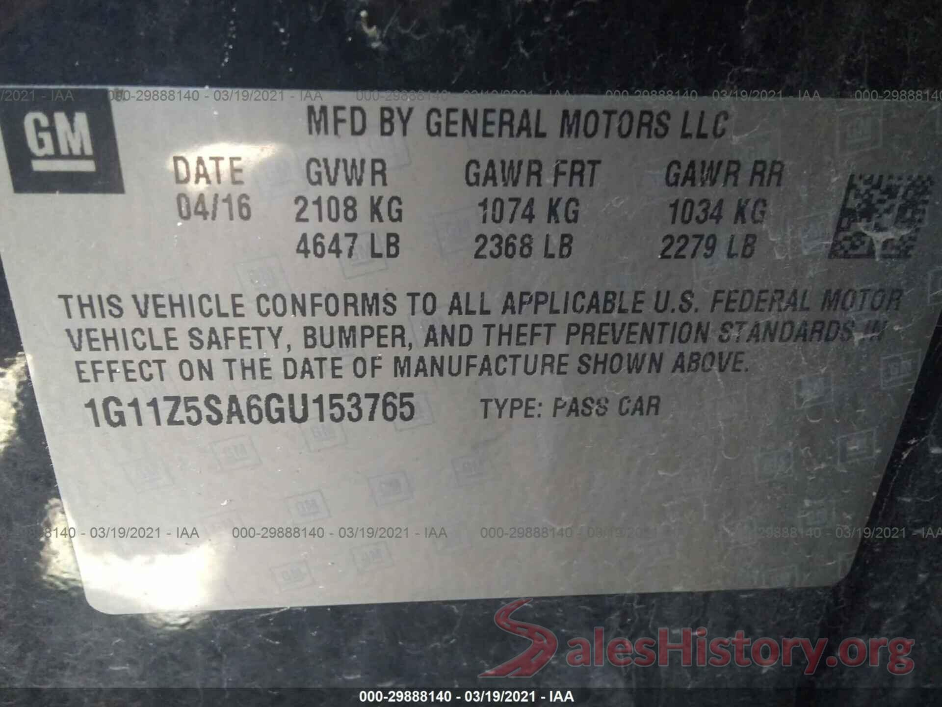 1G11Z5SA6GU153765 2016 CHEVROLET IMPALA