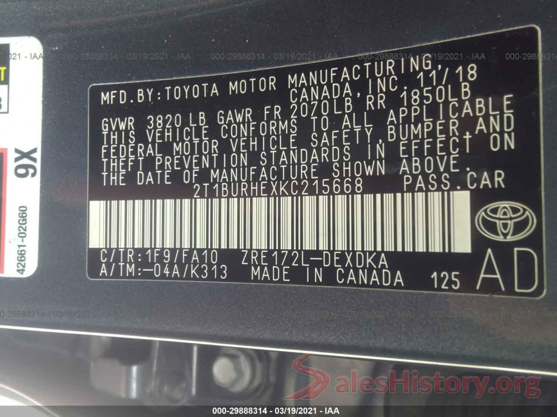 2T1BURHEXKC215668 2019 TOYOTA COROLLA