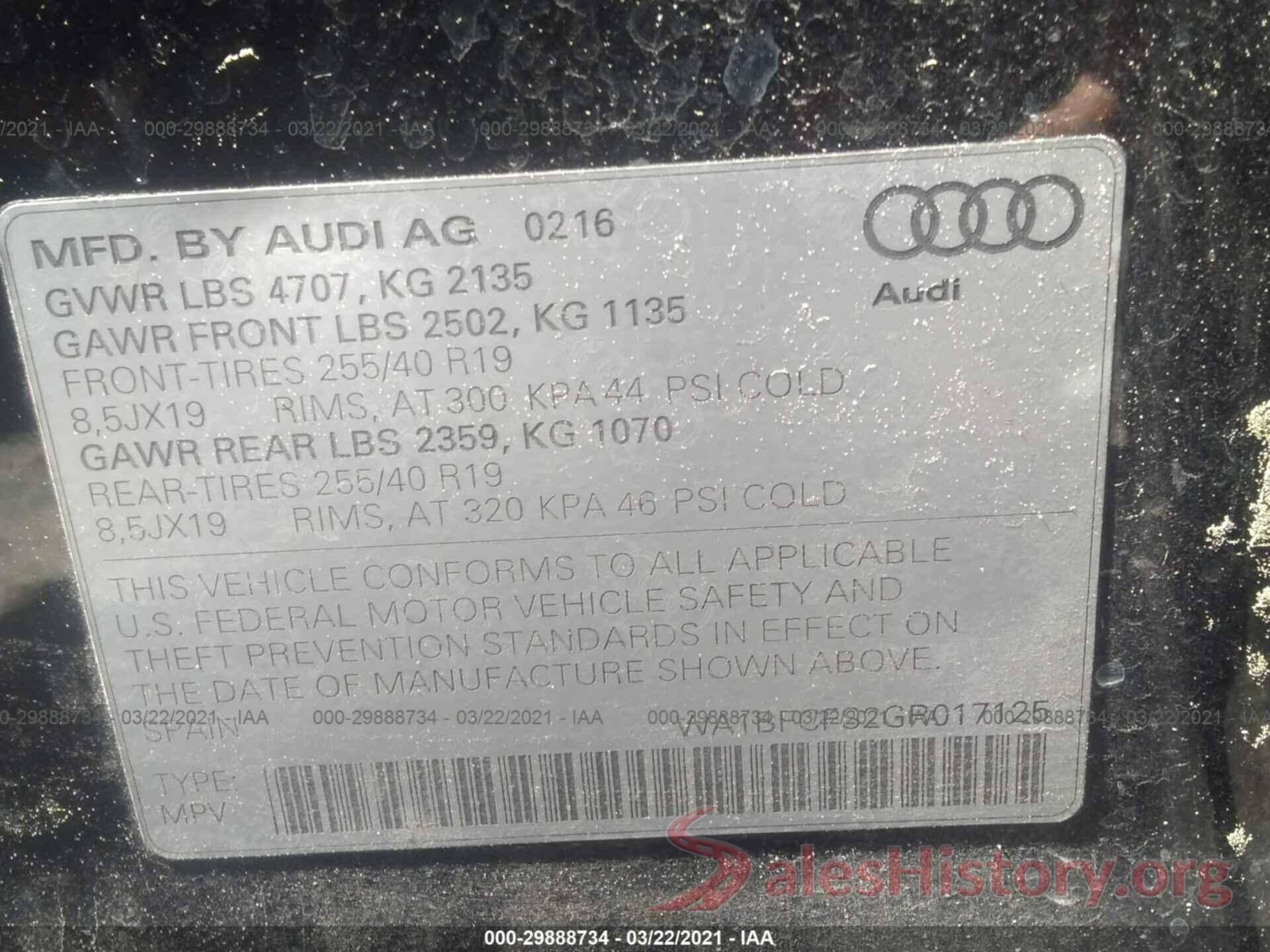 WA1BFCFS2GR017125 2016 AUDI Q3