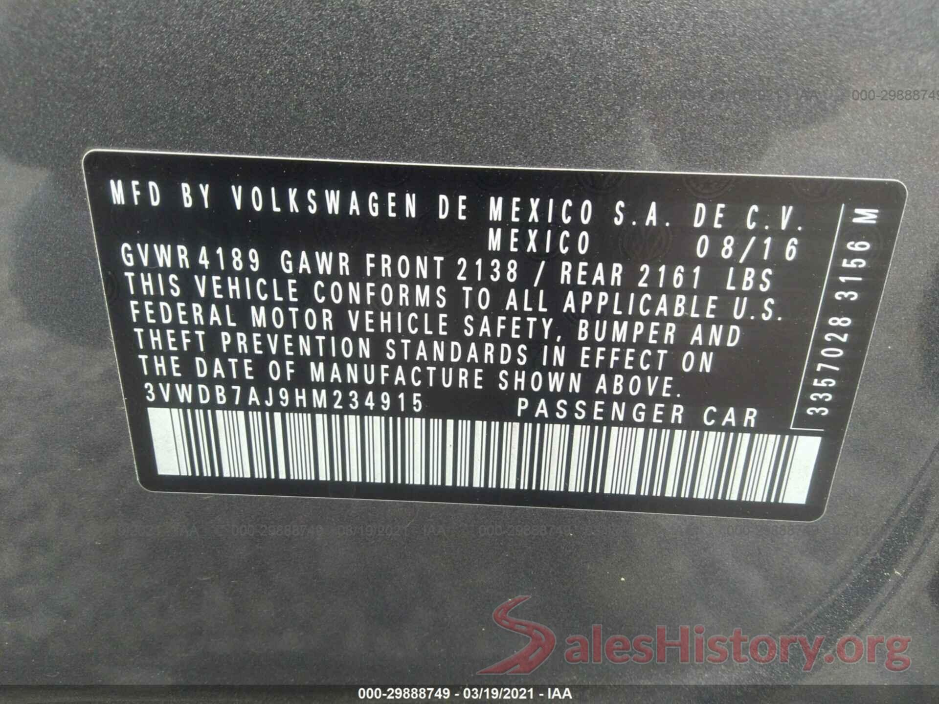 3VWDB7AJ9HM234915 2017 VOLKSWAGEN JETTA