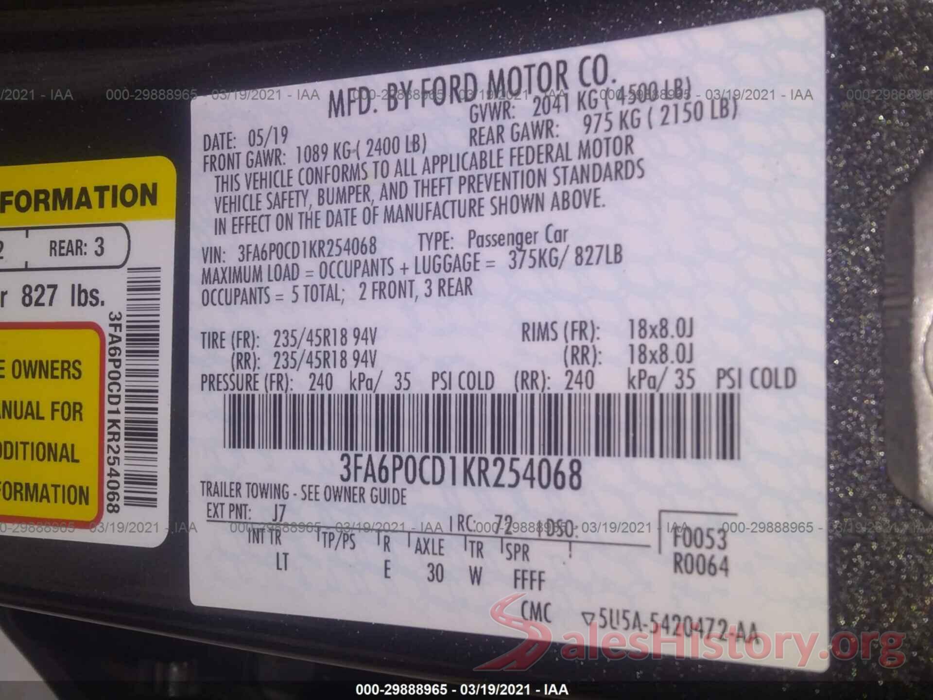 3FA6P0CD1KR254068 2019 FORD FUSION