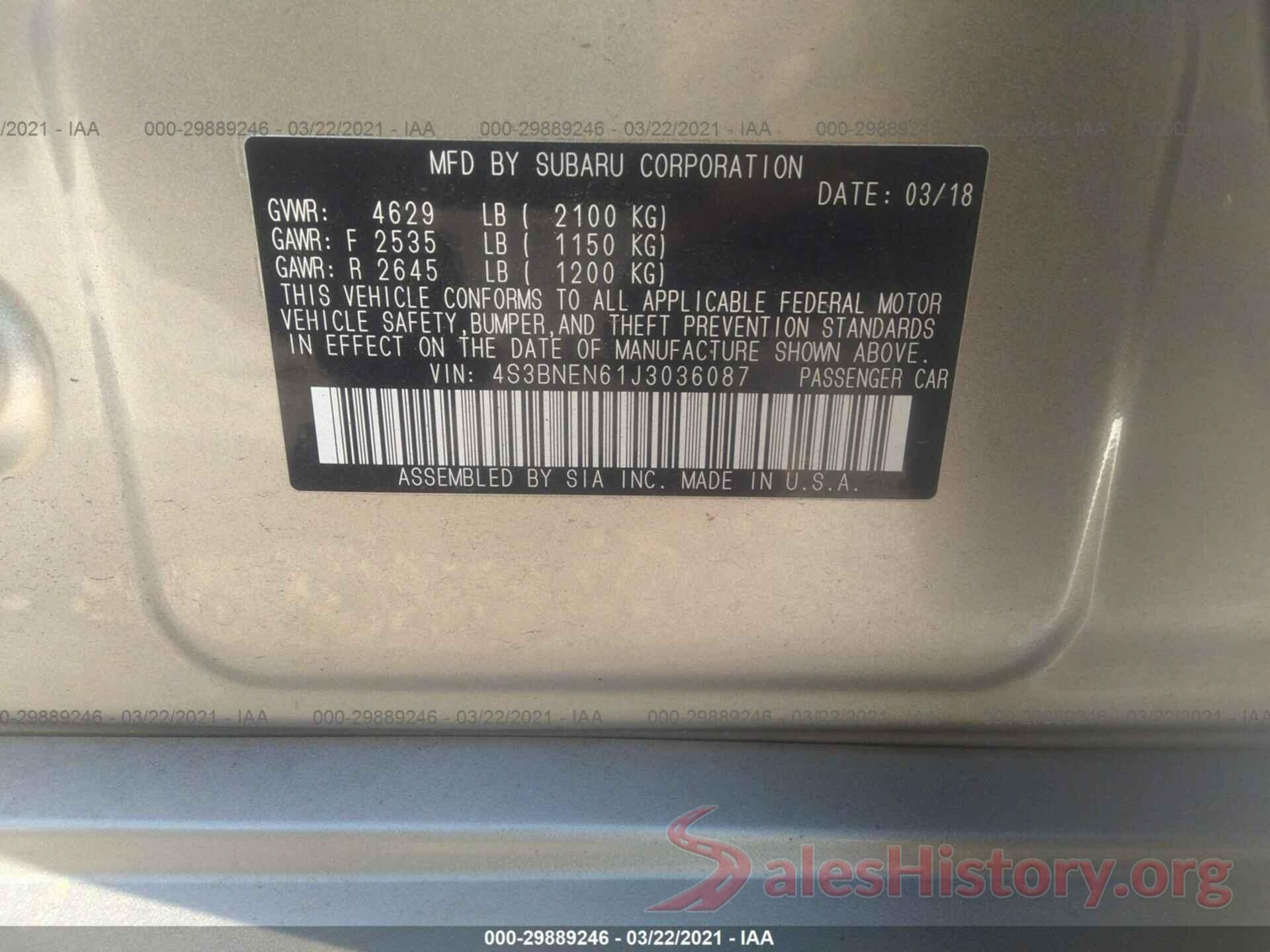 4S3BNEN61J3036087 2018 SUBARU LEGACY