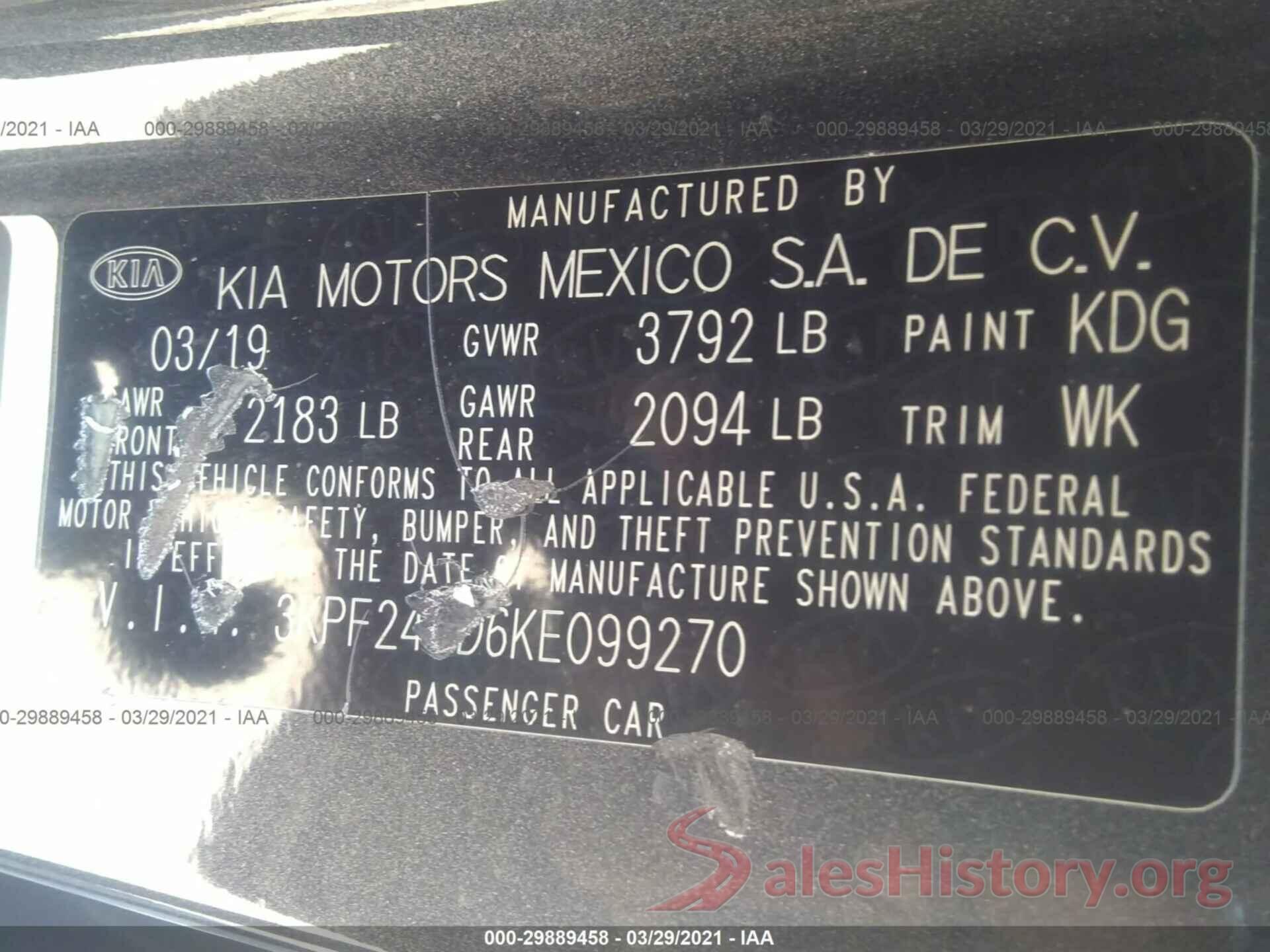 3KPF24AD6KE099270 2019 KIA FORTE