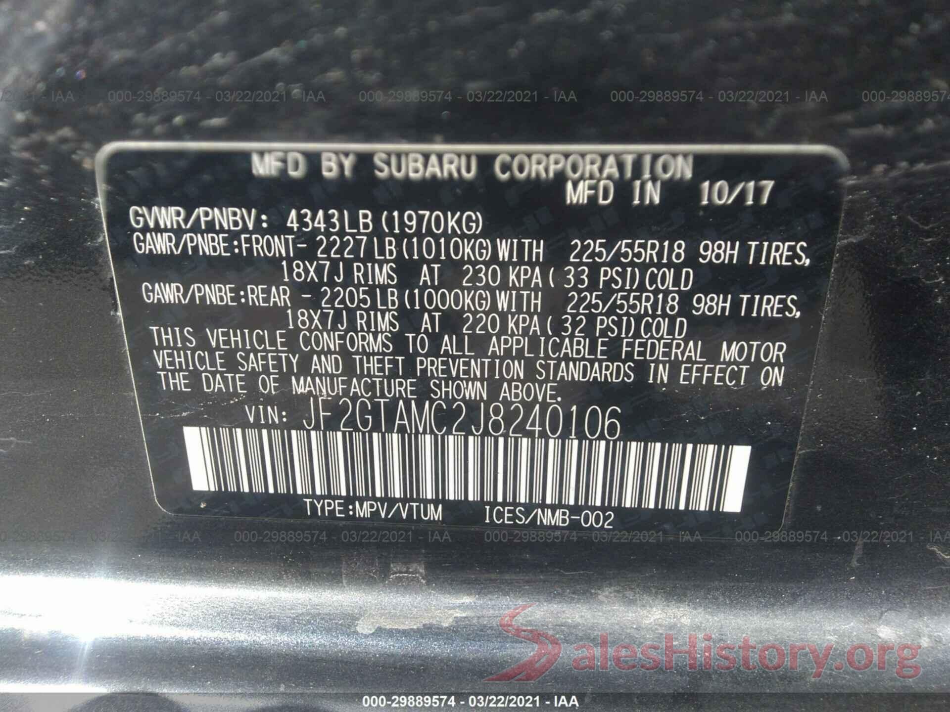 JF2GTAMC2J8240106 2018 SUBARU CROSSTREK