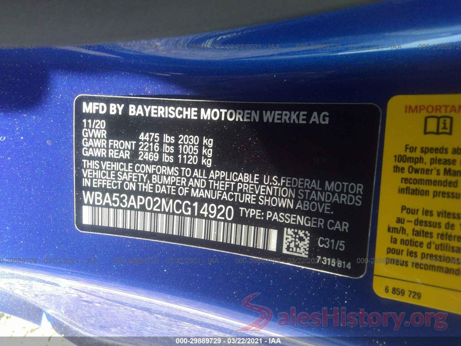 WBA53AP02MCG14920 2021 BMW 4 SERIES