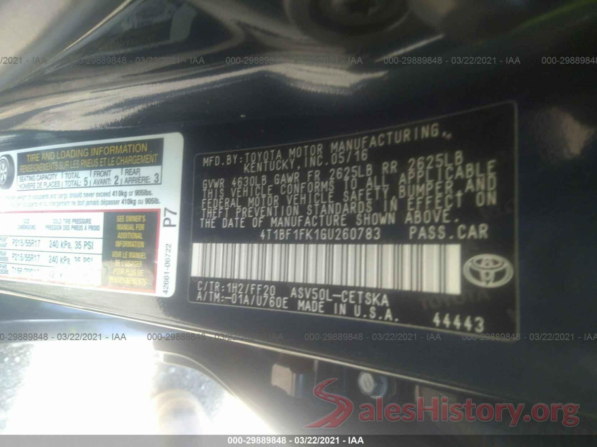 4T1BF1FK1GU260783 2016 TOYOTA CAMRY