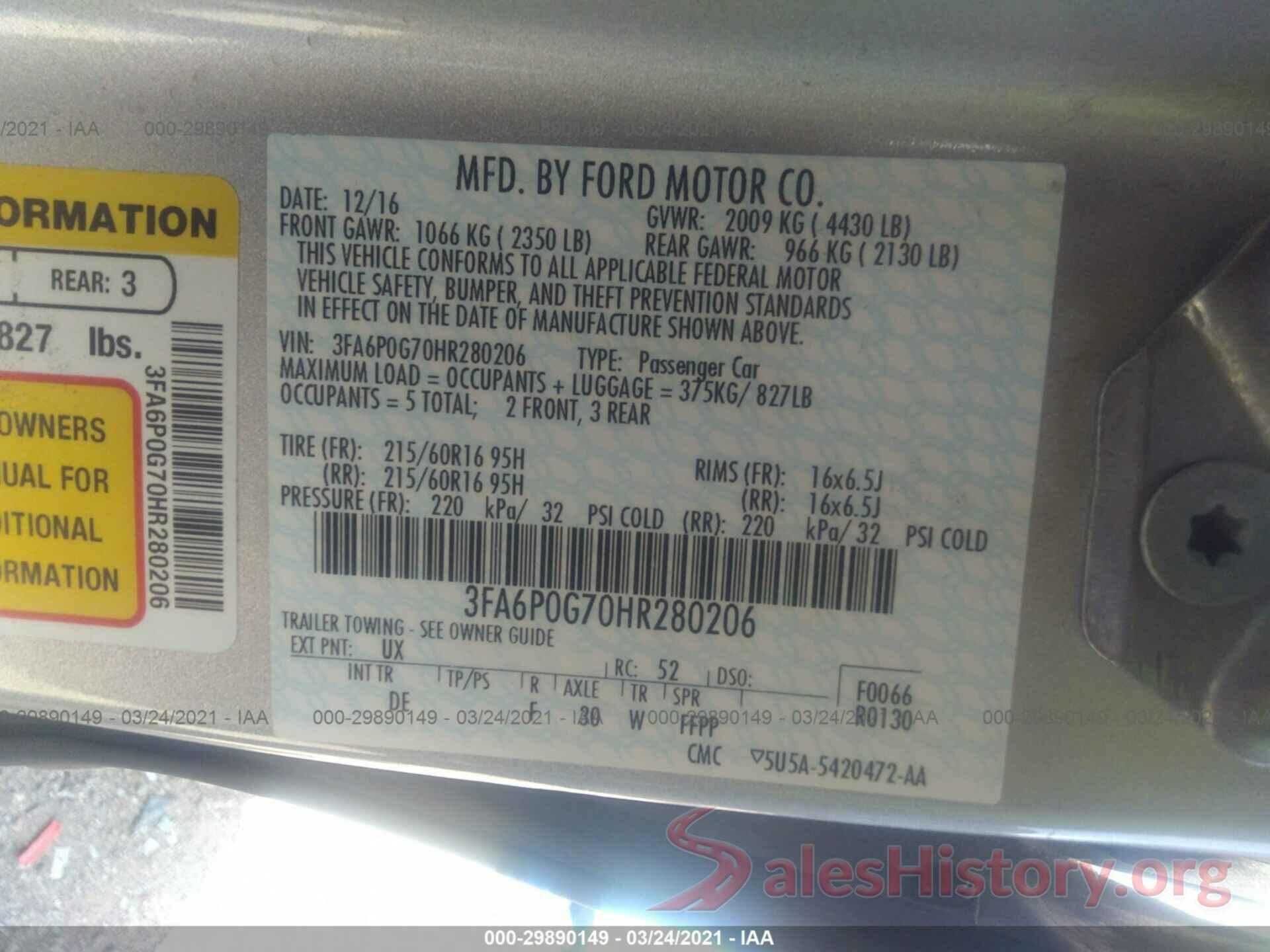 3FA6P0G70HR280206 2017 FORD FUSION