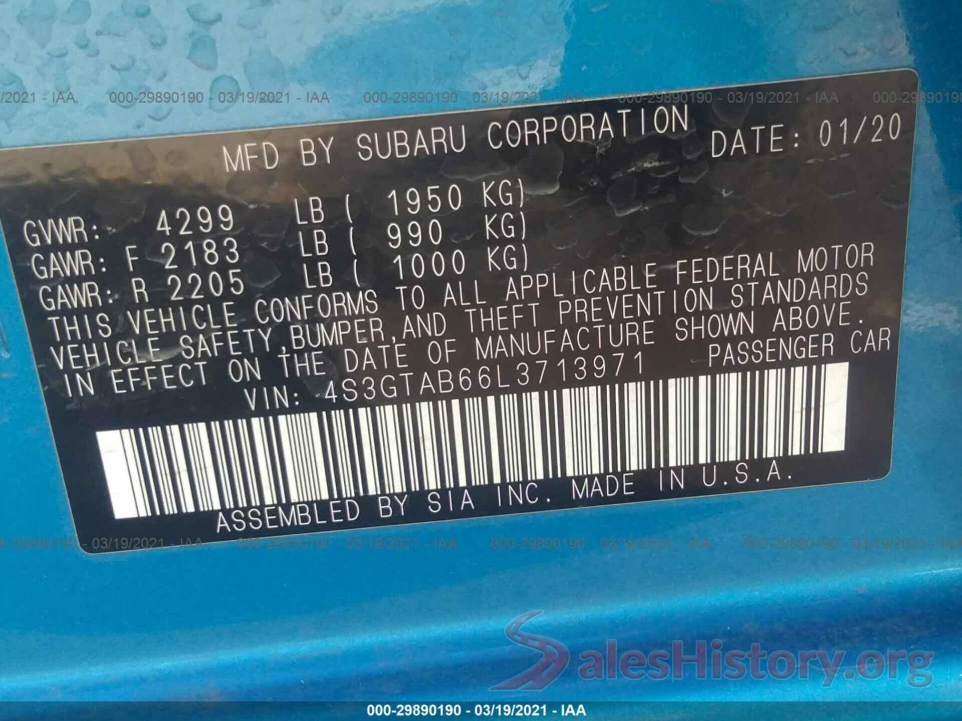 4S3GTAB66L3713971 2020 SUBARU IMPREZA