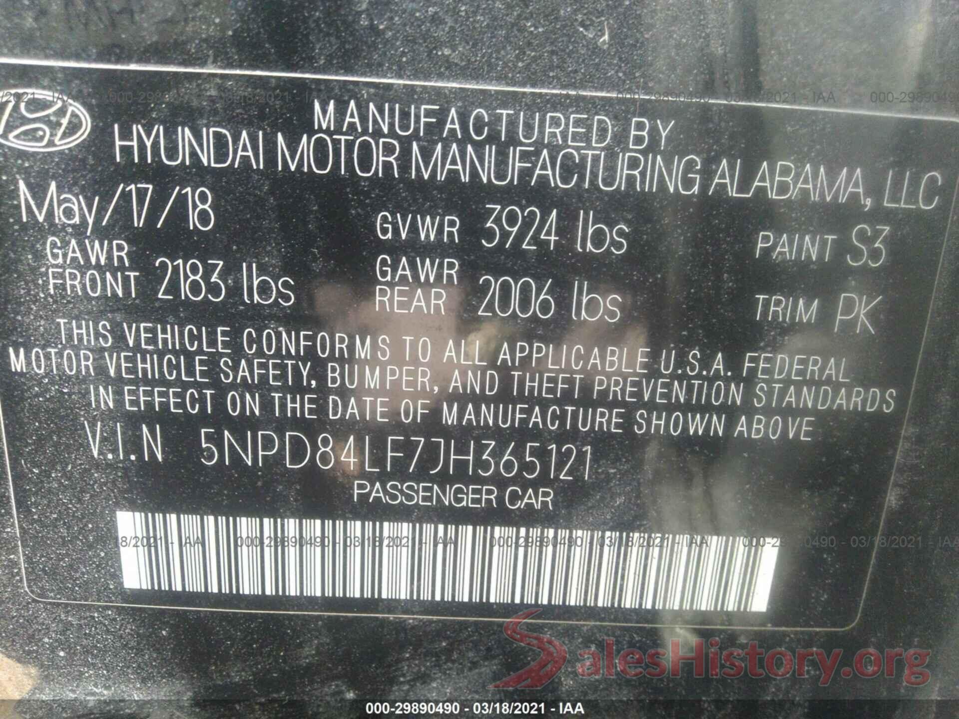 5NPD84LF7JH365121 2018 HYUNDAI ELANTRA