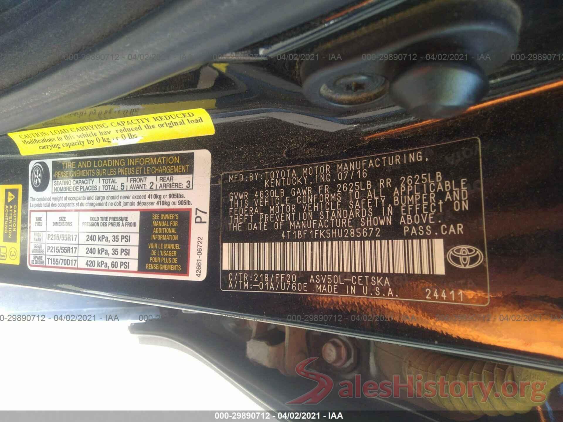 4T1BF1FK5HU285672 2017 TOYOTA CAMRY