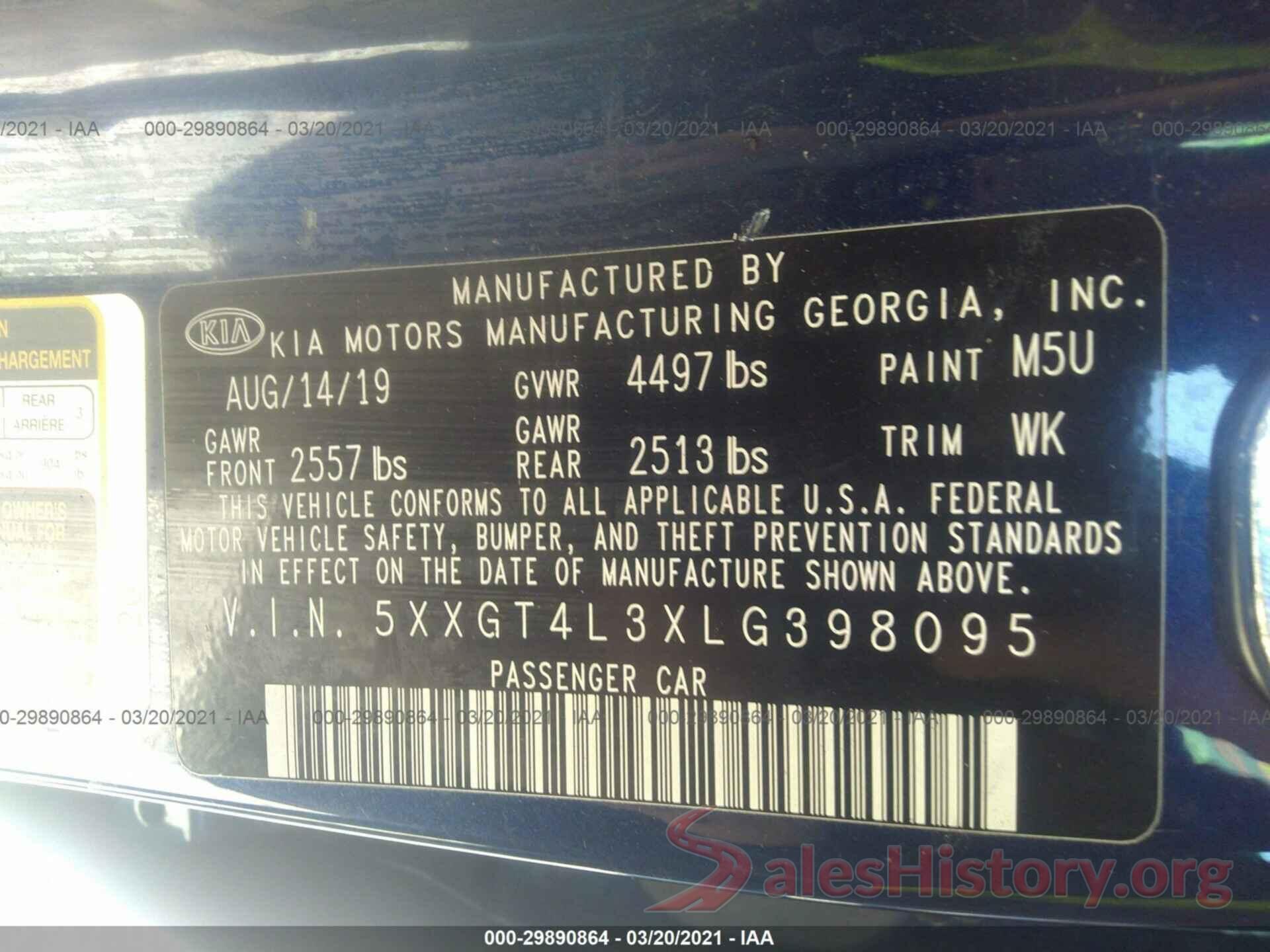 5XXGT4L3XLG398095 2020 KIA OPTIMA