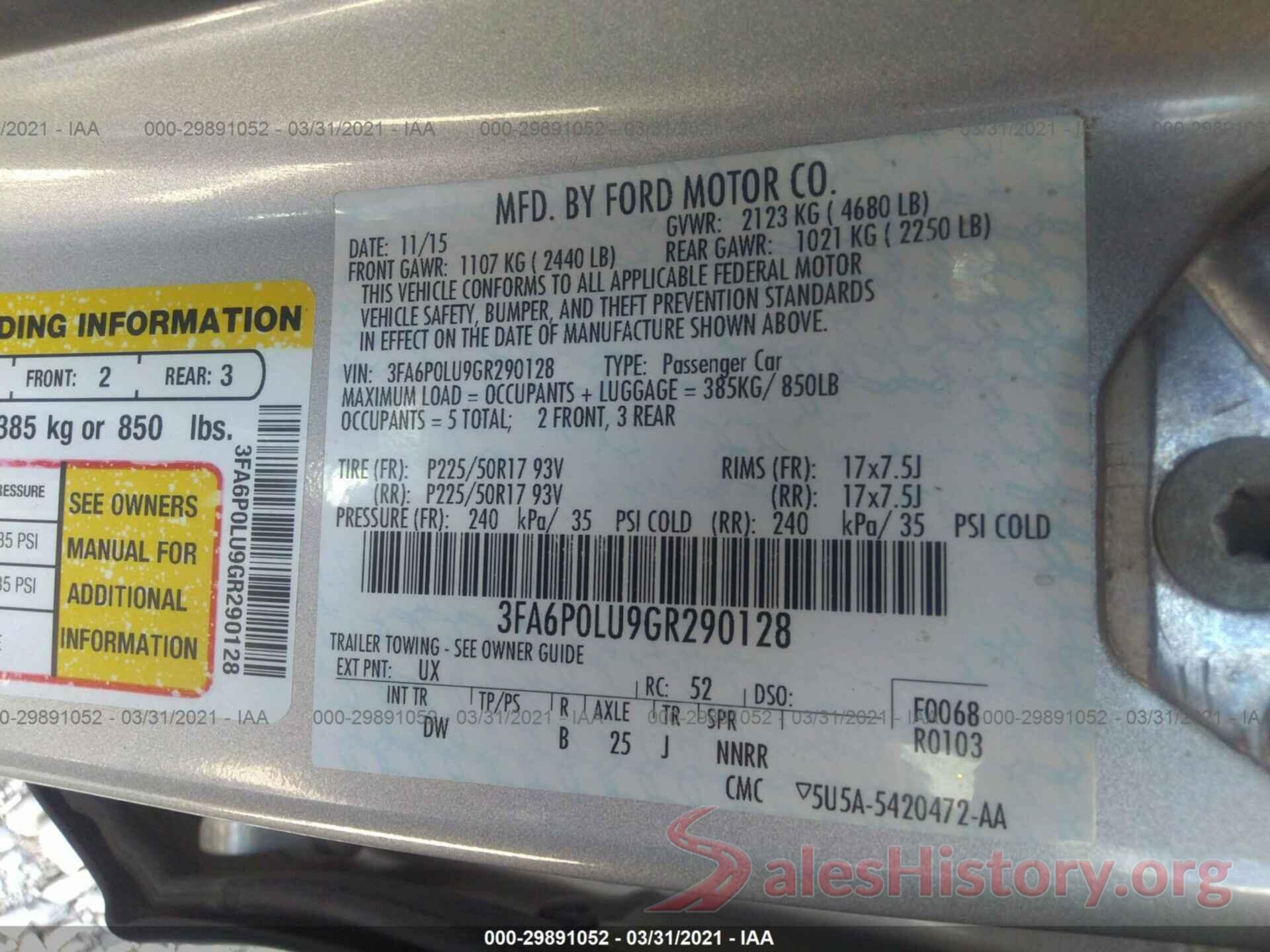 3FA6P0LU9GR290128 2016 FORD FUSION