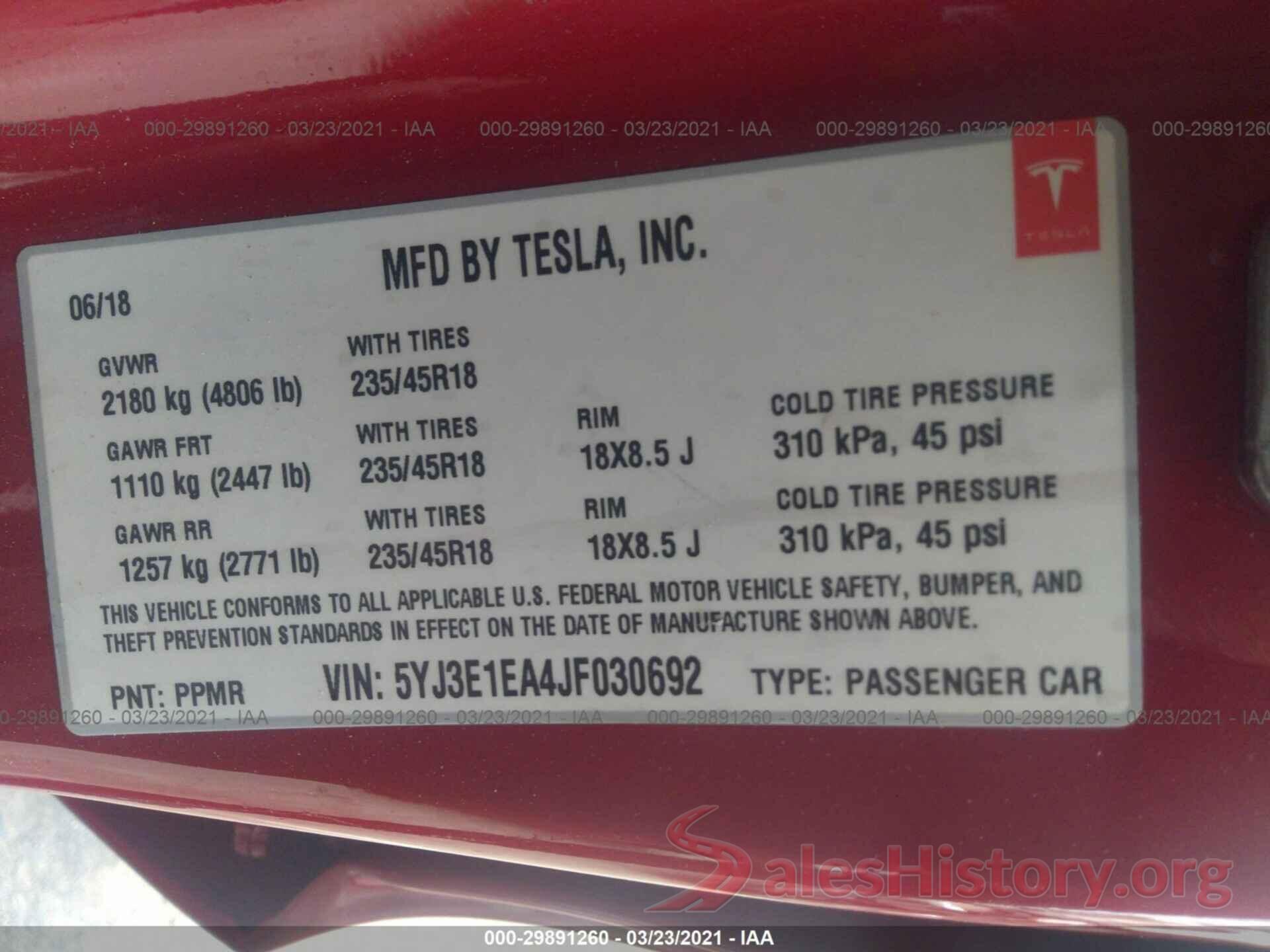 5YJ3E1EA4JF030692 2018 TESLA MODEL 3