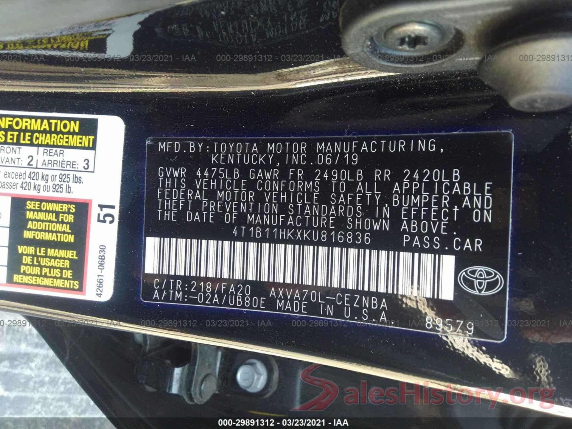 4T1B11HKXKU816836 2019 TOYOTA CAMRY