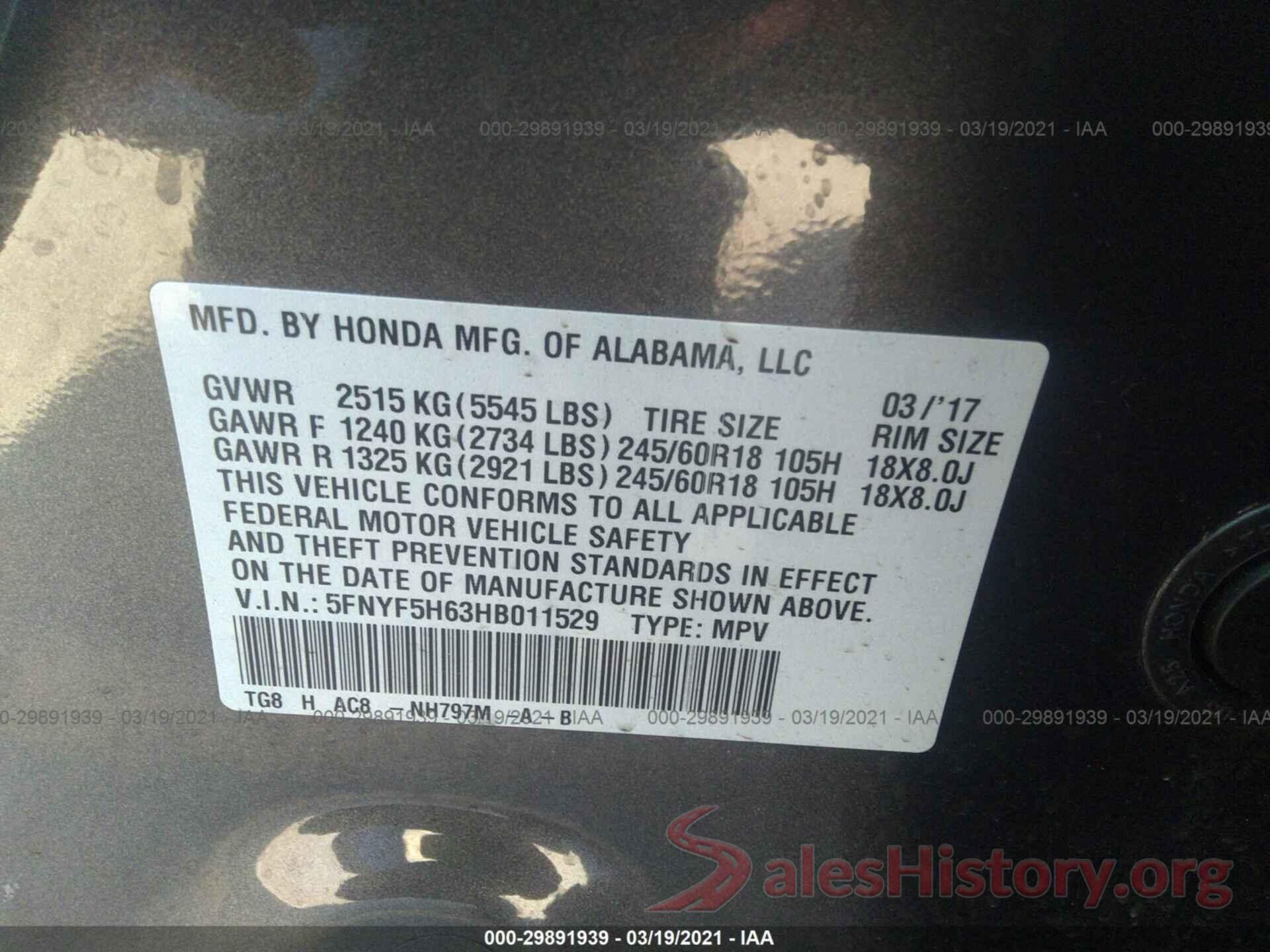 5FNYF5H63HB011529 2017 HONDA PILOT