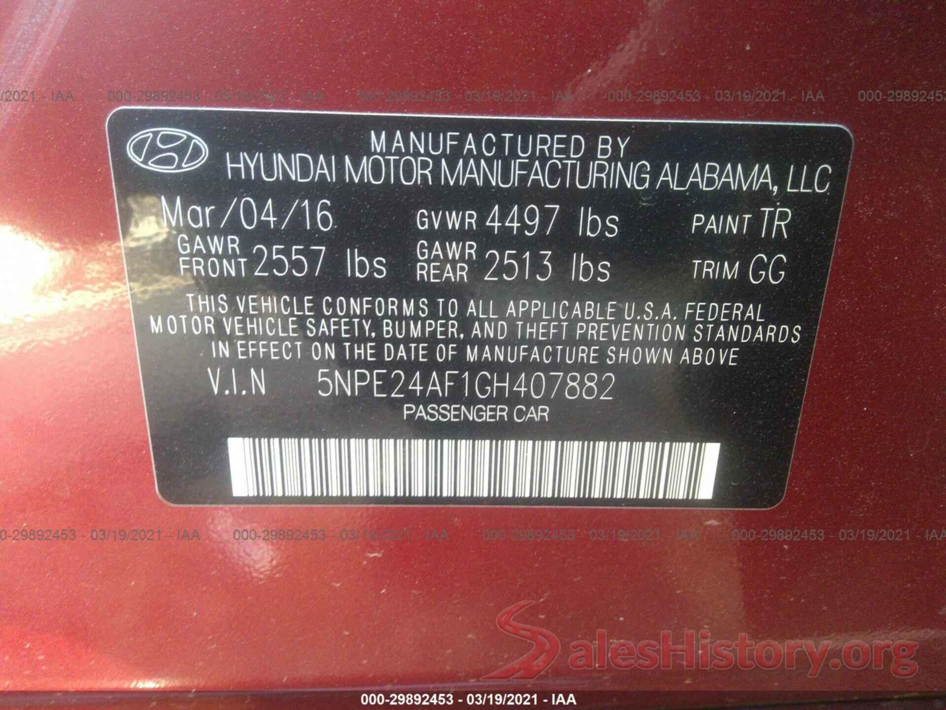 5NPE24AF1GH407882 2016 HYUNDAI SONATA