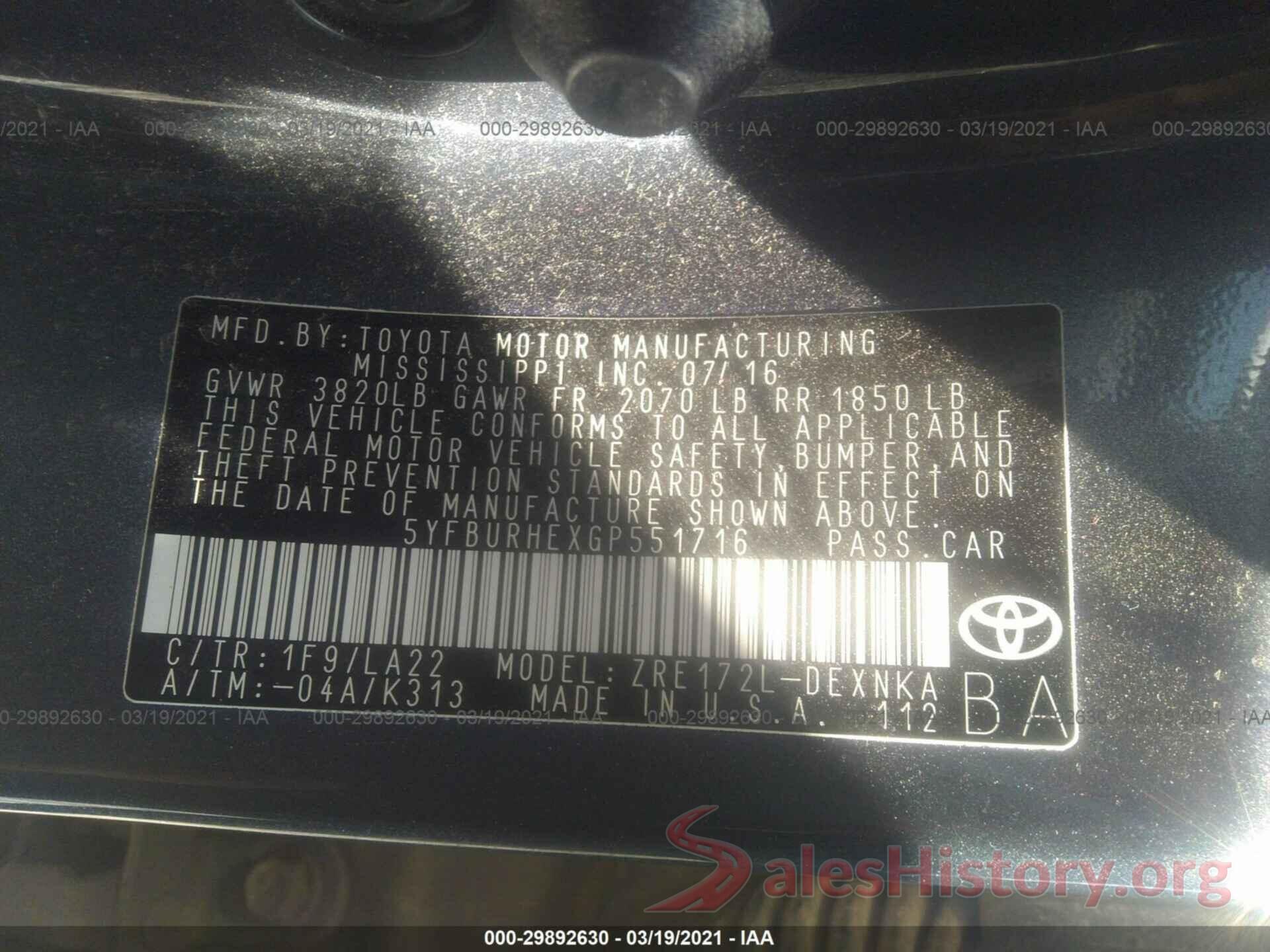 5YFBURHEXGP551716 2016 TOYOTA COROLLA