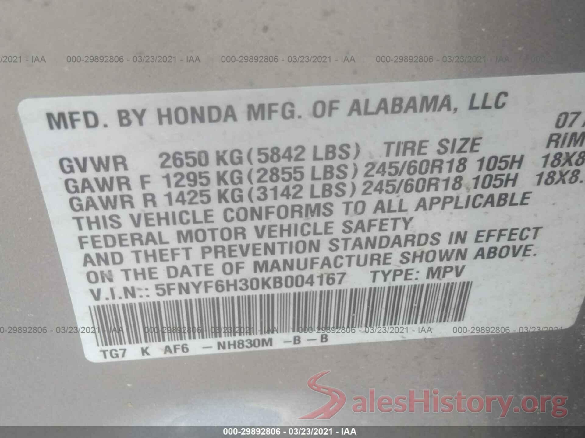 5FNYF6H30KB004167 2019 HONDA PILOT