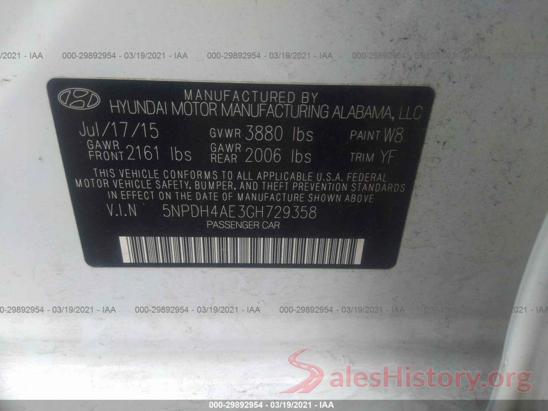 5NPDH4AE3GH729358 2016 HYUNDAI ELANTRA