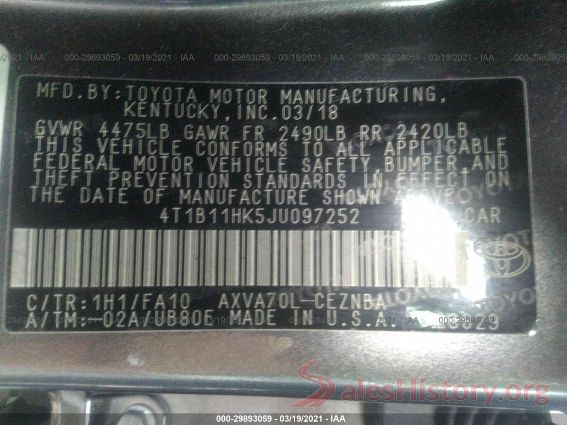 4T1B11HK5JU097252 2018 TOYOTA CAMRY