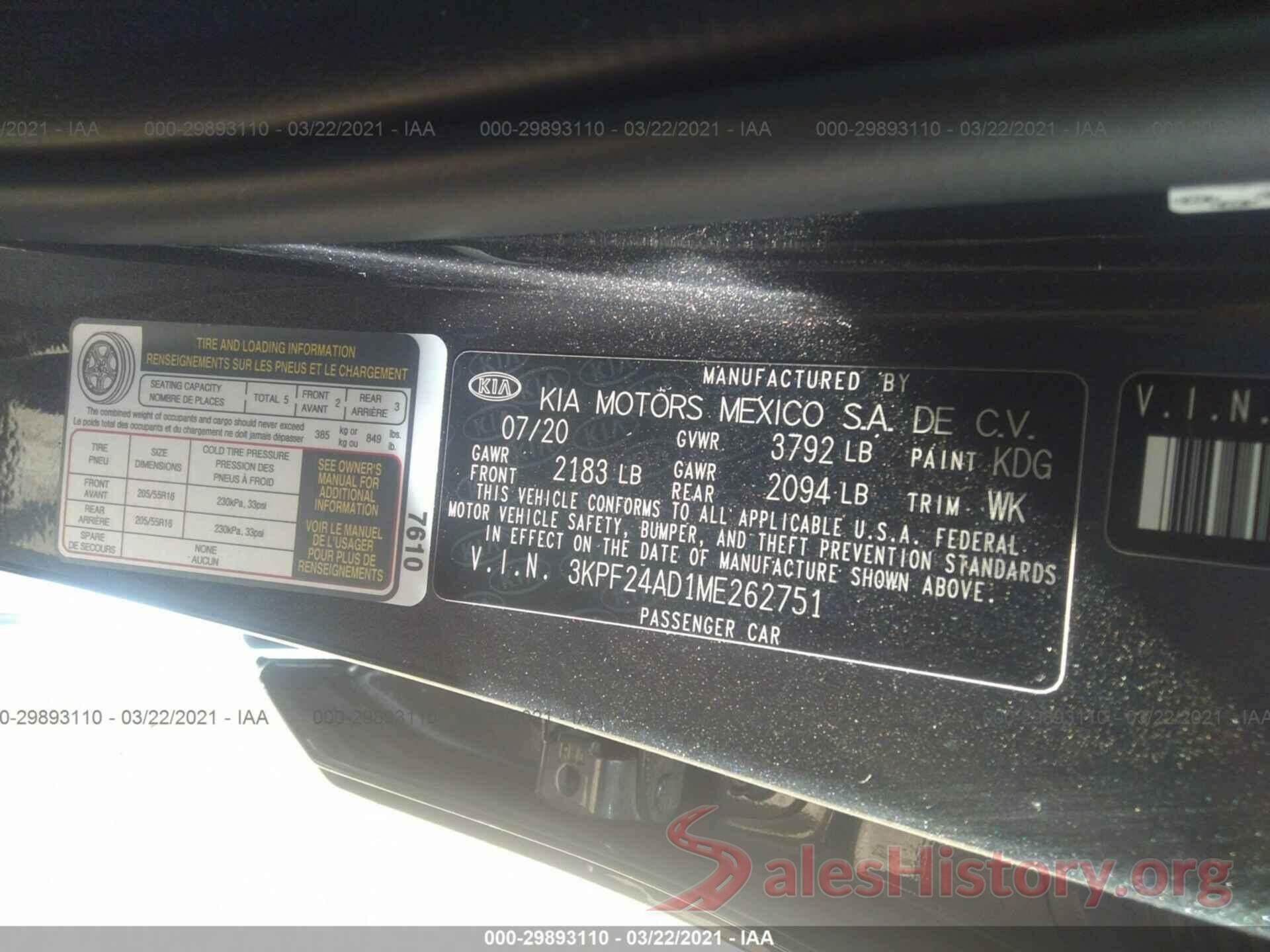 3KPF24AD1ME262751 2021 KIA FORTE