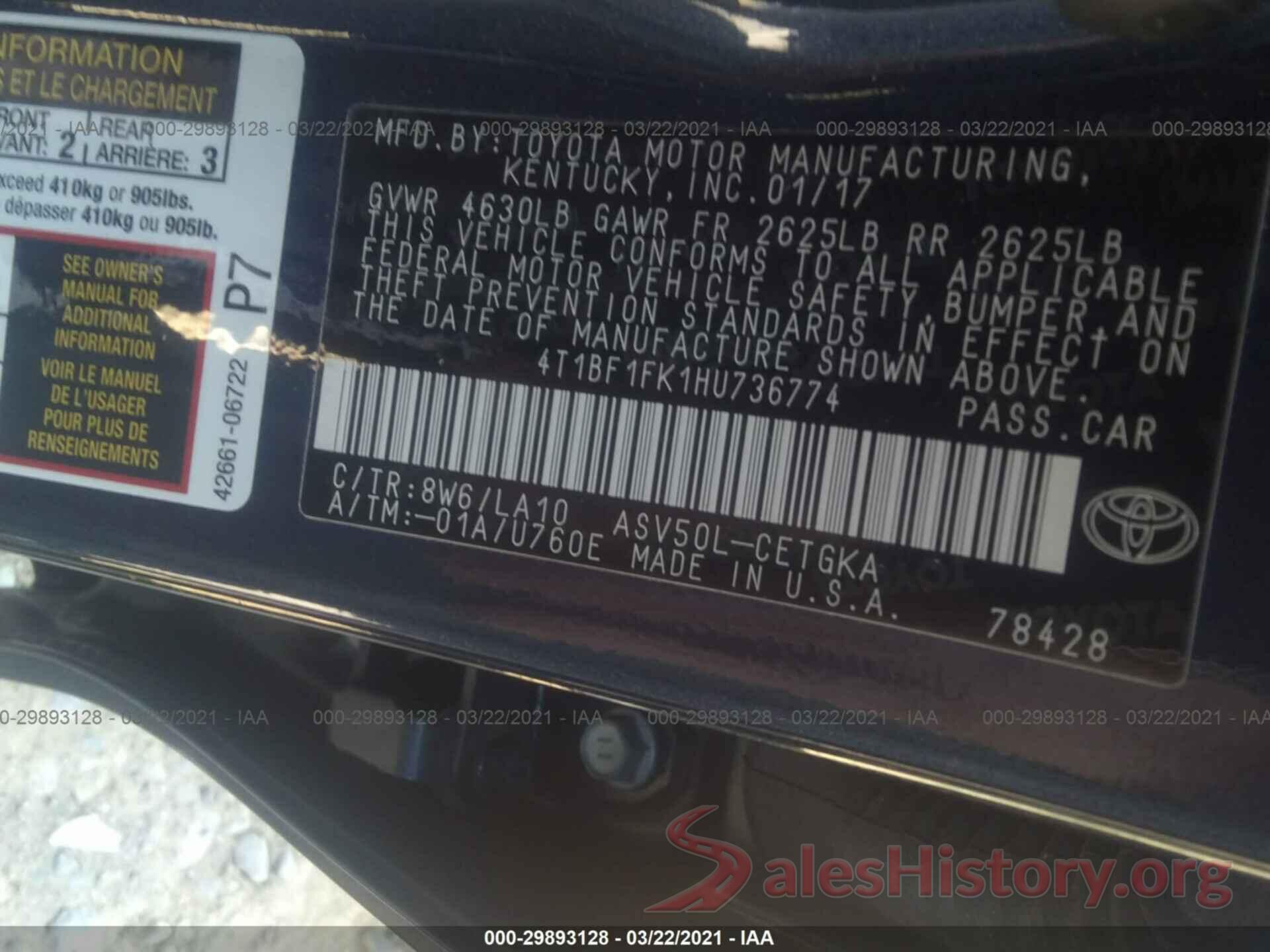 4T1BF1FK1HU736774 2017 TOYOTA CAMRY