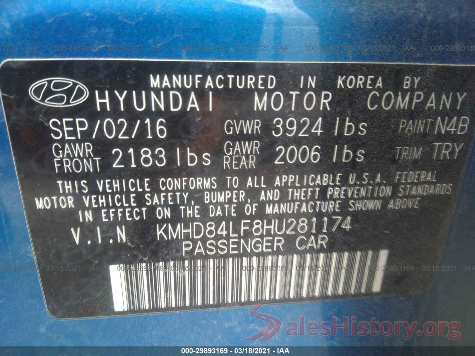 KMHD84LF8HU281174 2017 HYUNDAI ELANTRA