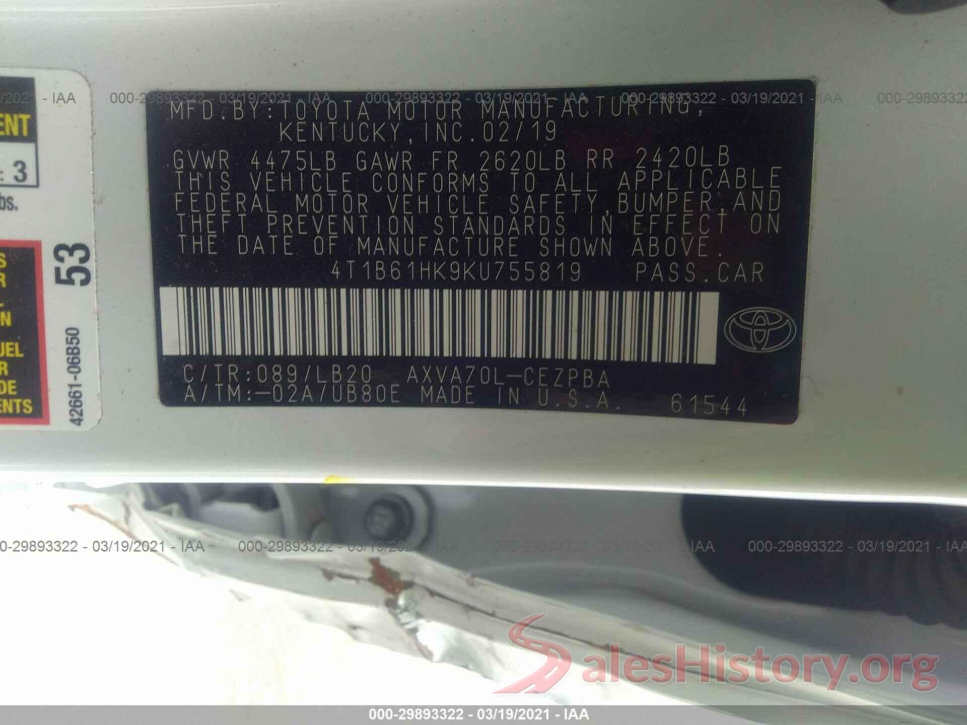 4T1B61HK9KU755819 2019 TOYOTA CAMRY