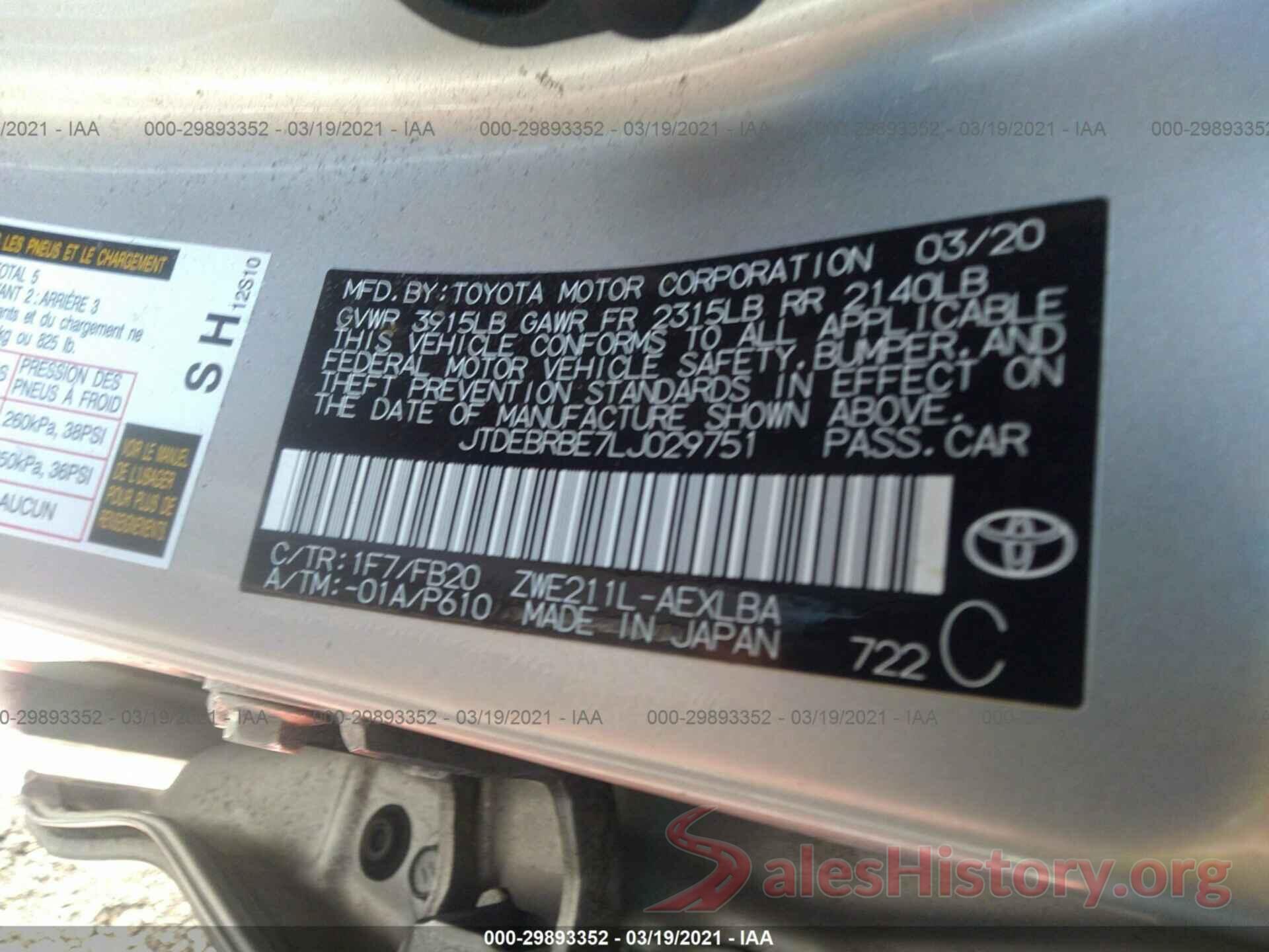 JTDEBRBE7LJ029751 2020 TOYOTA COROLLA