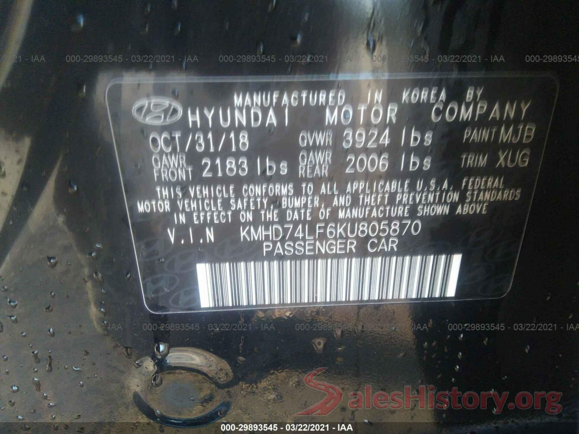 KMHD74LF6KU805870 2019 HYUNDAI ELANTRA