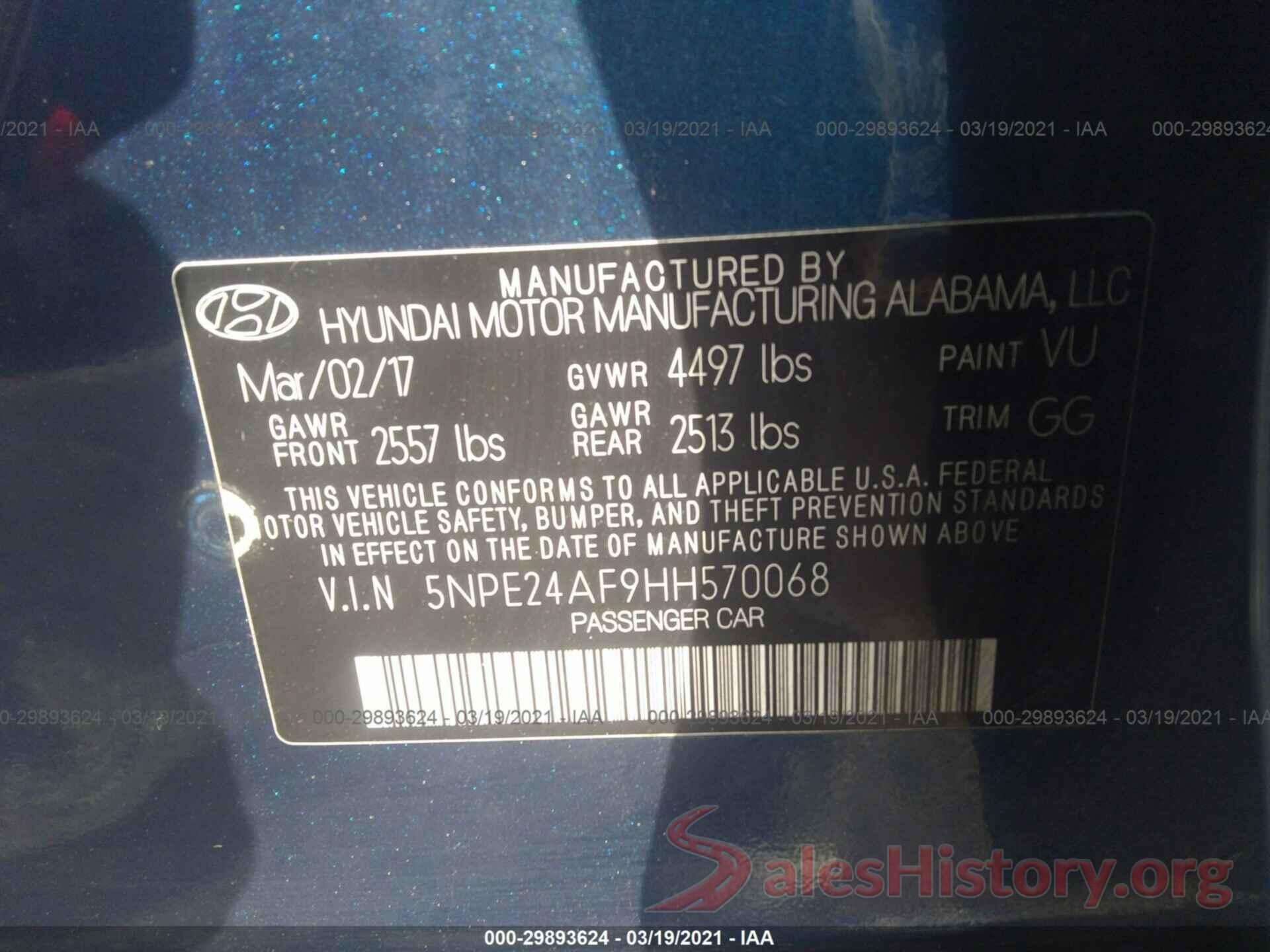 5NPE24AF9HH570068 2017 HYUNDAI SONATA