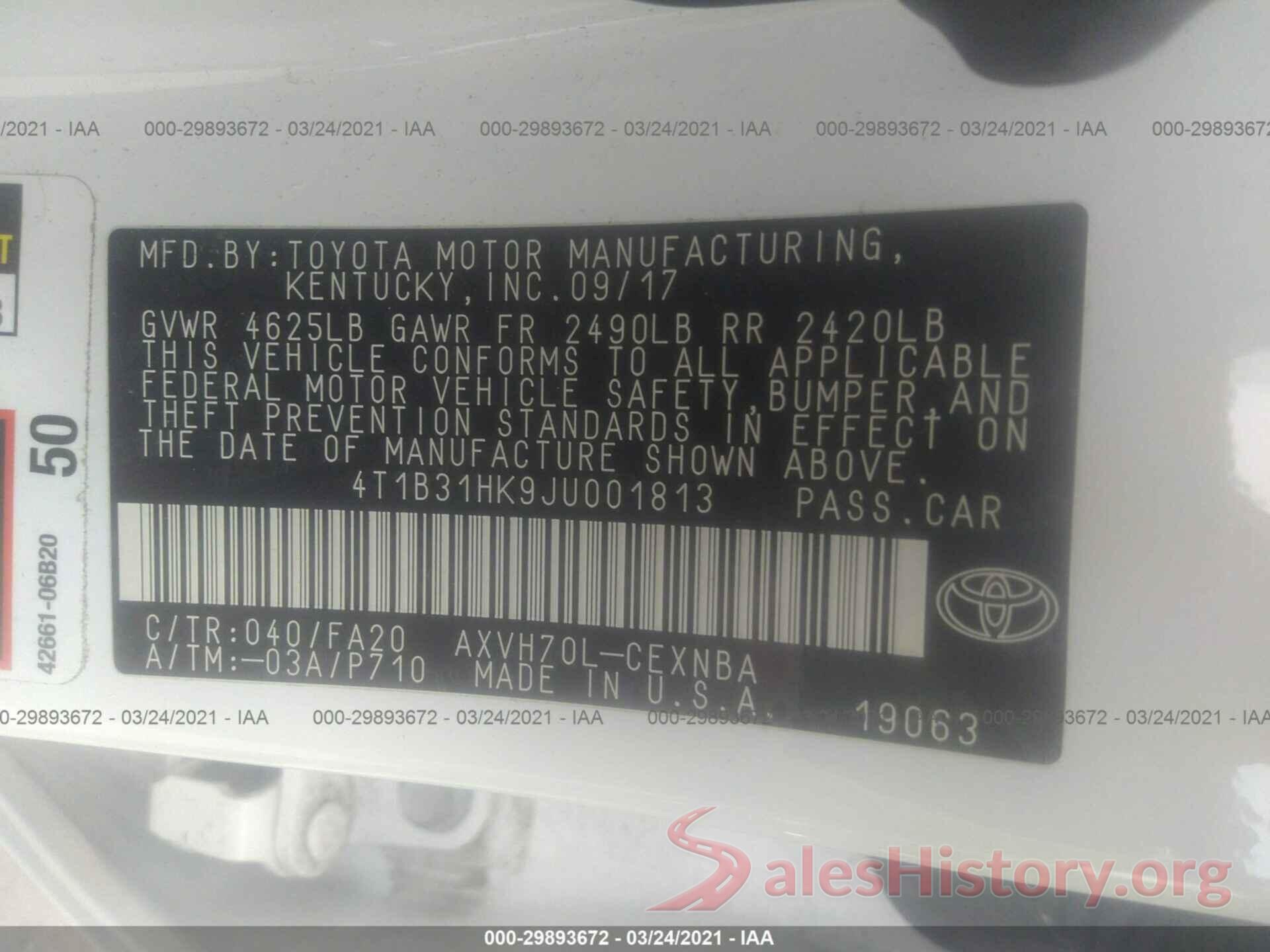 4T1B31HK9JU001813 2018 TOYOTA CAMRY