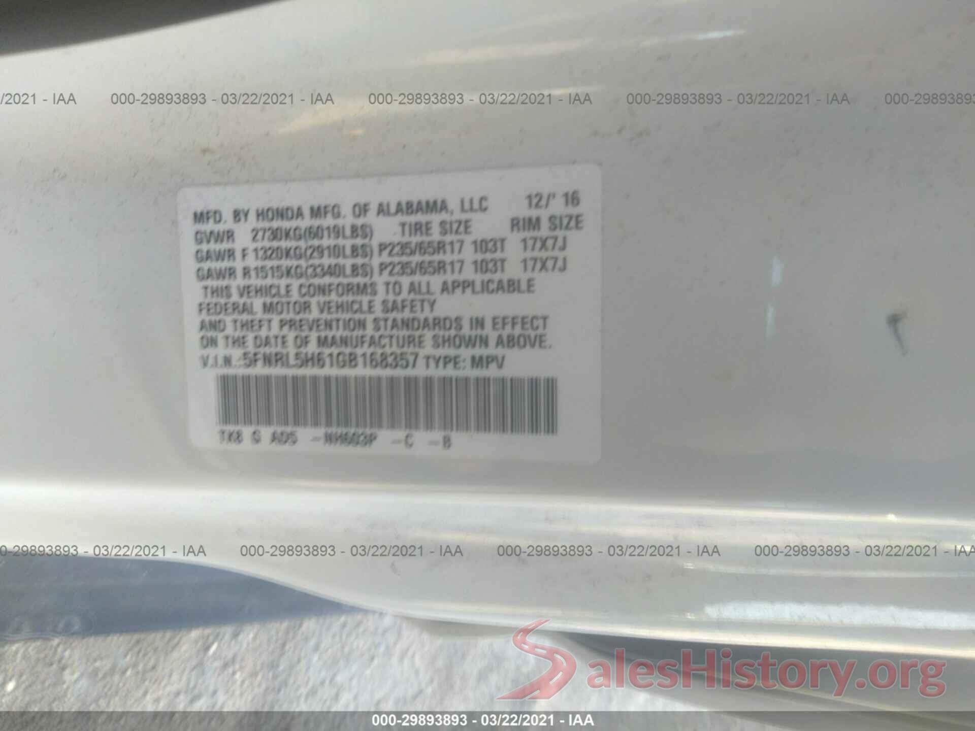 5FNRL5H61GB168357 2016 HONDA ODYSSEY