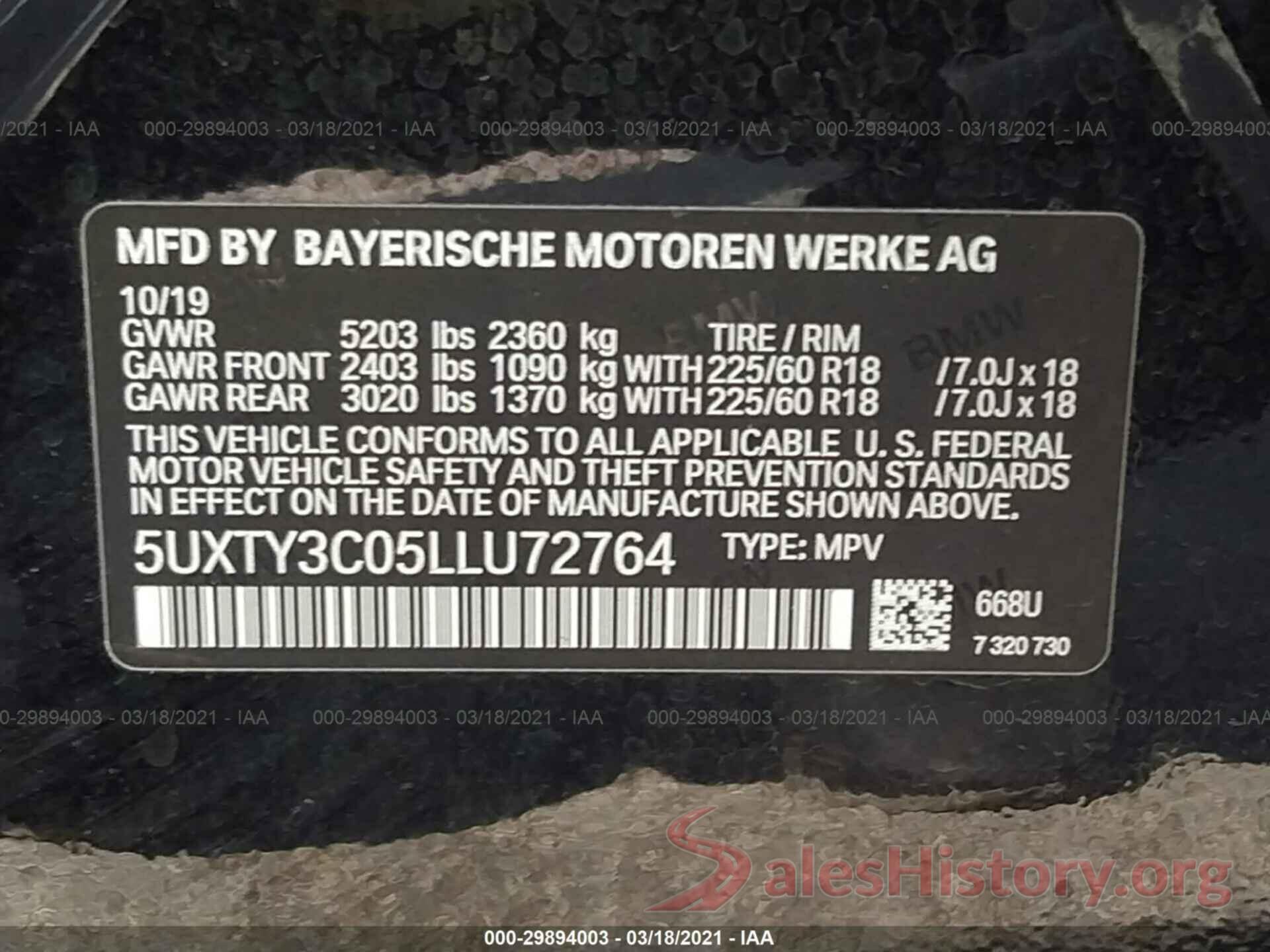 5UXTY3C05LLU72764 2020 BMW X3