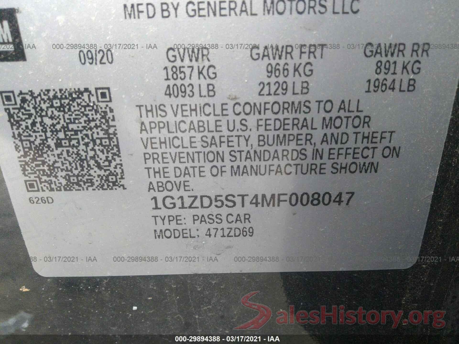 1G1ZD5ST4MF008047 2021 CHEVROLET MALIBU