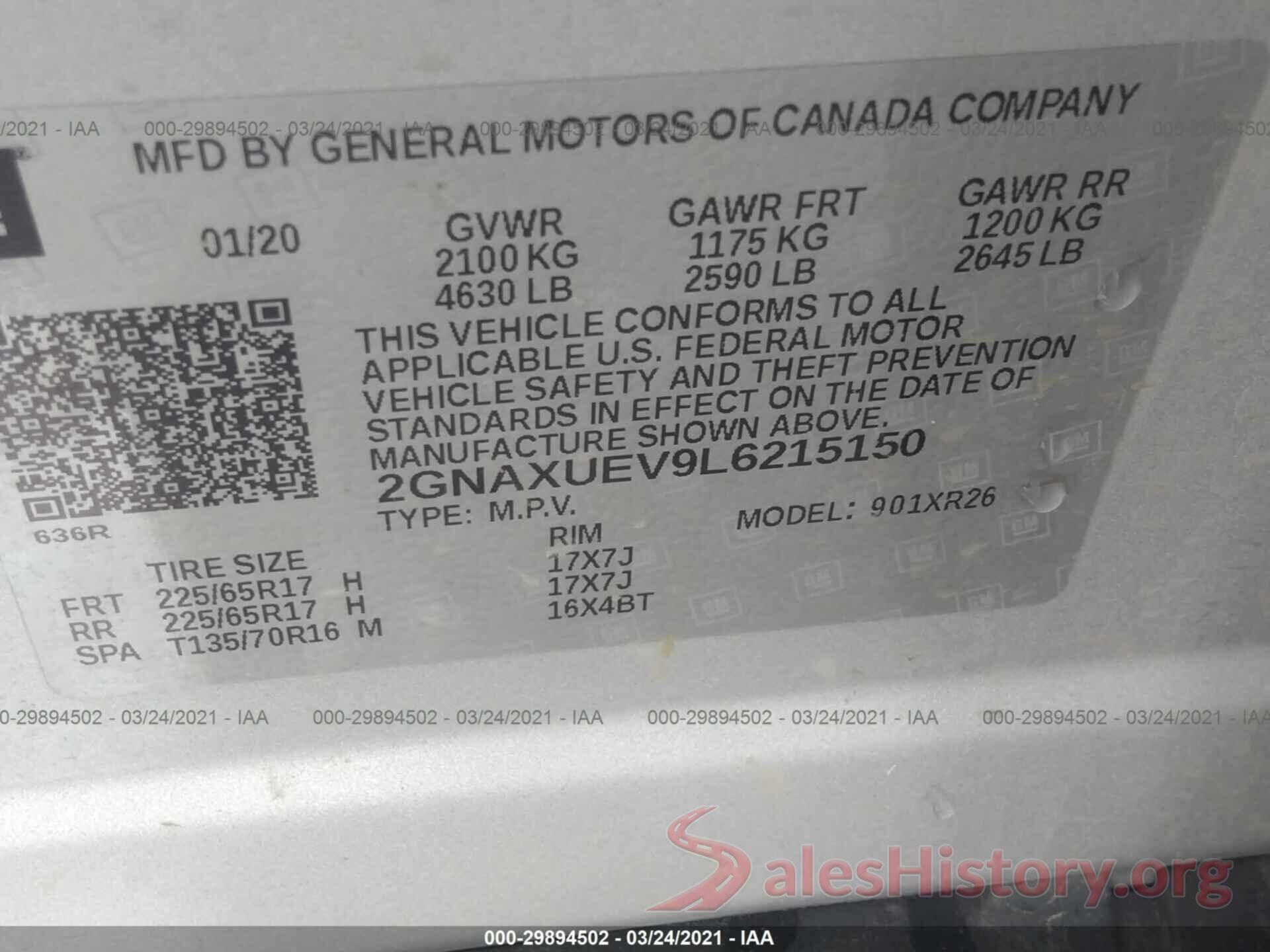 2GNAXUEV9L6215150 2020 CHEVROLET EQUINOX