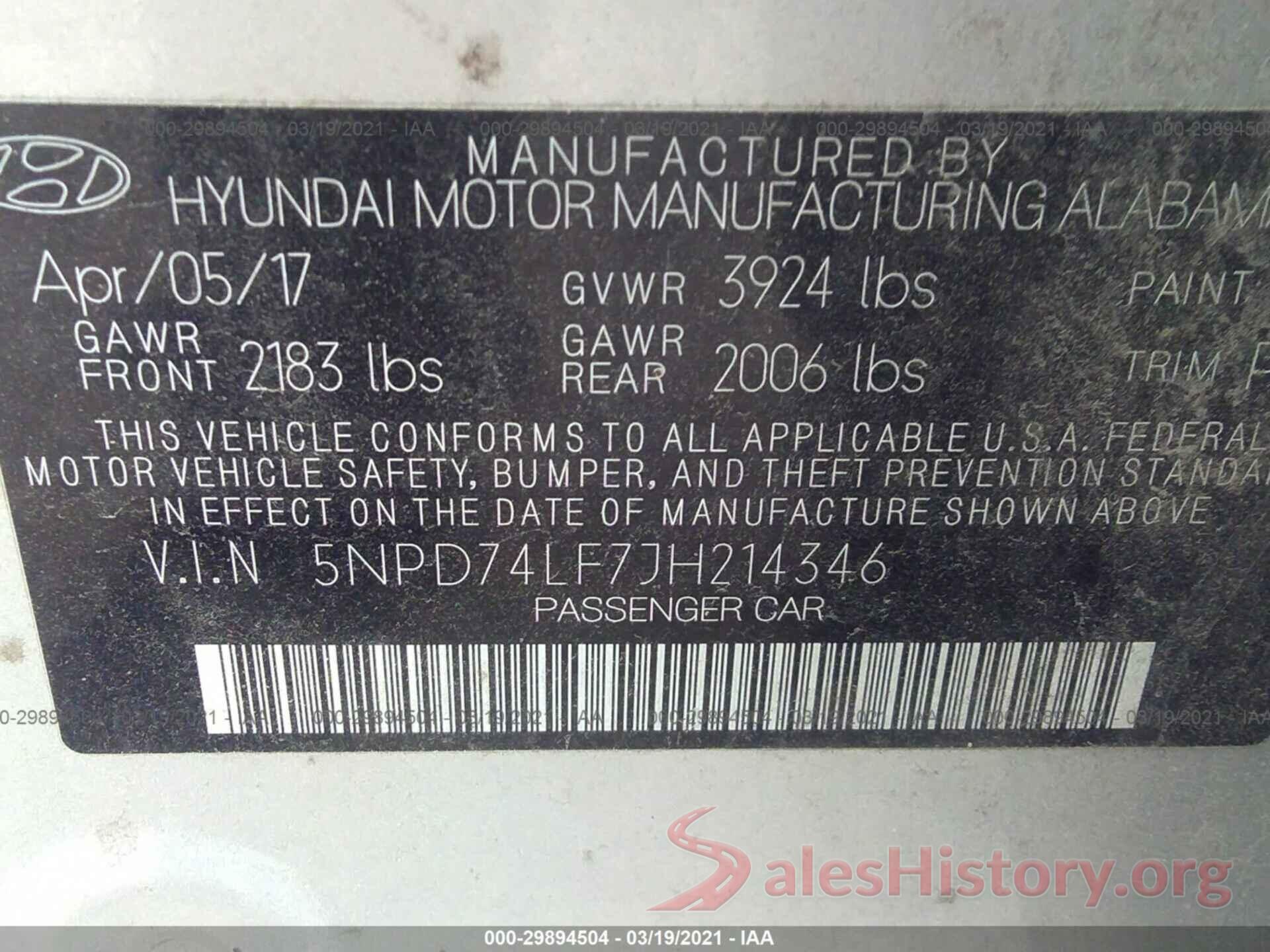 5NPD74LF7JH214346 2018 HYUNDAI ELANTRA