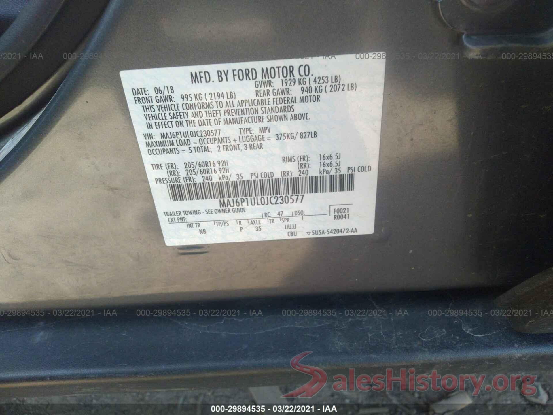 MAJ6P1UL0JC230577 2018 FORD ECOSPORT