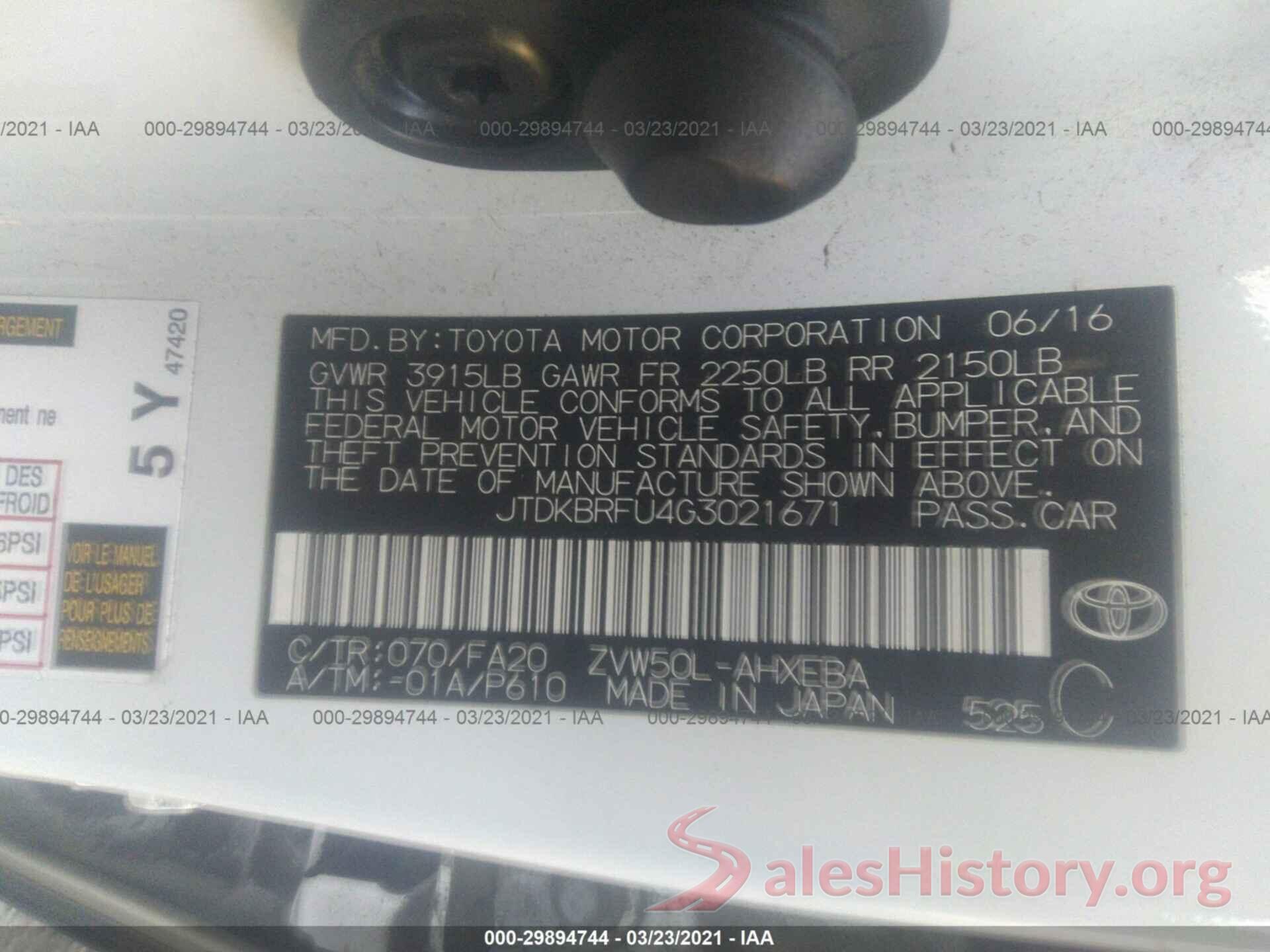 JTDKBRFU4G3021671 2016 TOYOTA PRIUS