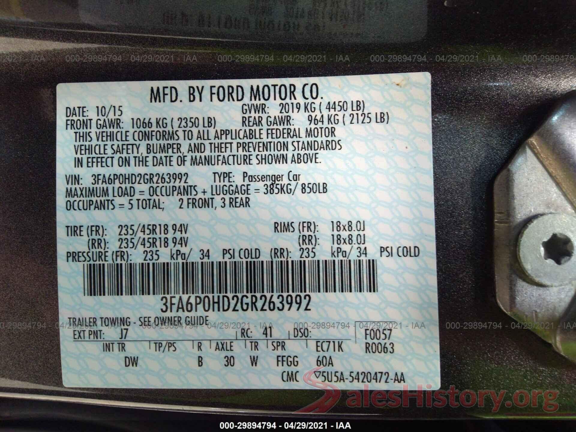 3FA6P0HD2GR263992 2016 FORD FUSION