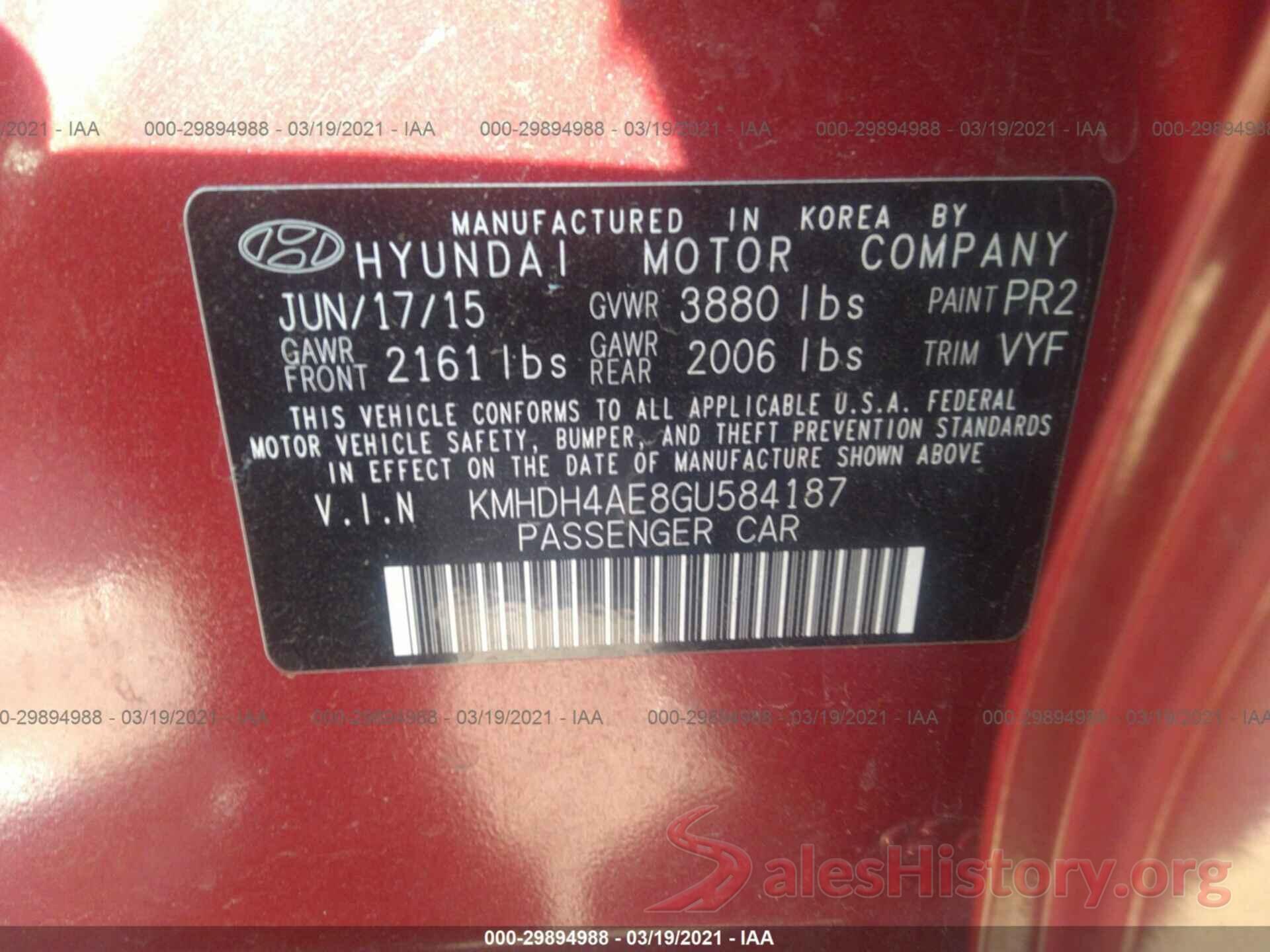 KMHDH4AE8GU584187 2016 HYUNDAI ELANTRA