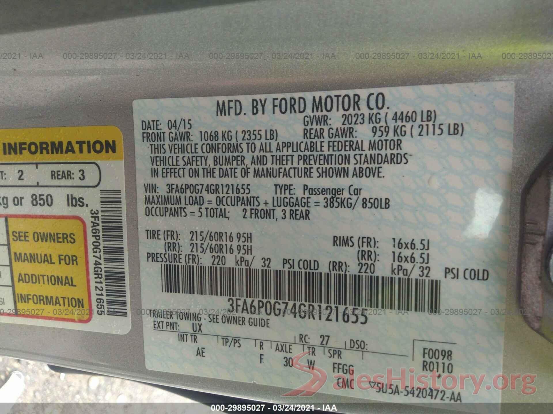 3FA6P0G74GR121655 2016 FORD FUSION