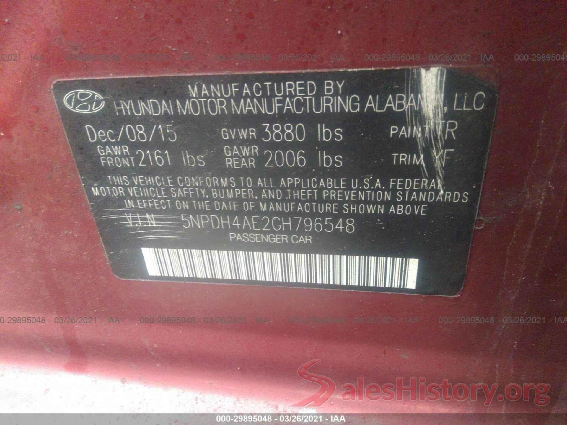 5NPDH4AE2GH796548 2016 HYUNDAI ELANTRA