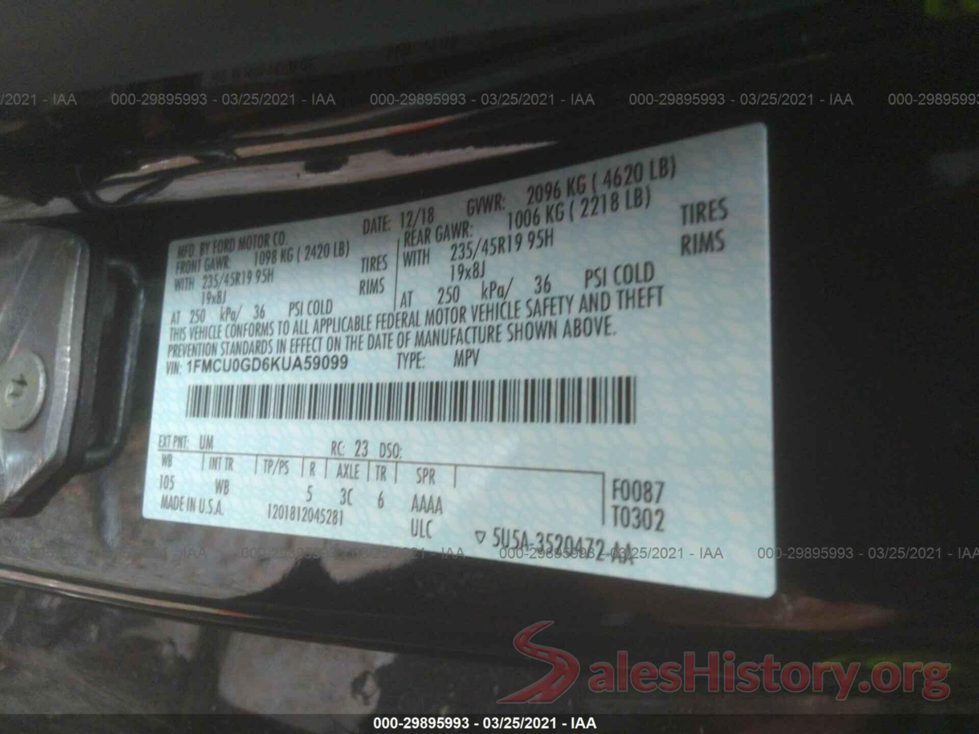 1FMCU0GD6KUA59099 2019 FORD ESCAPE