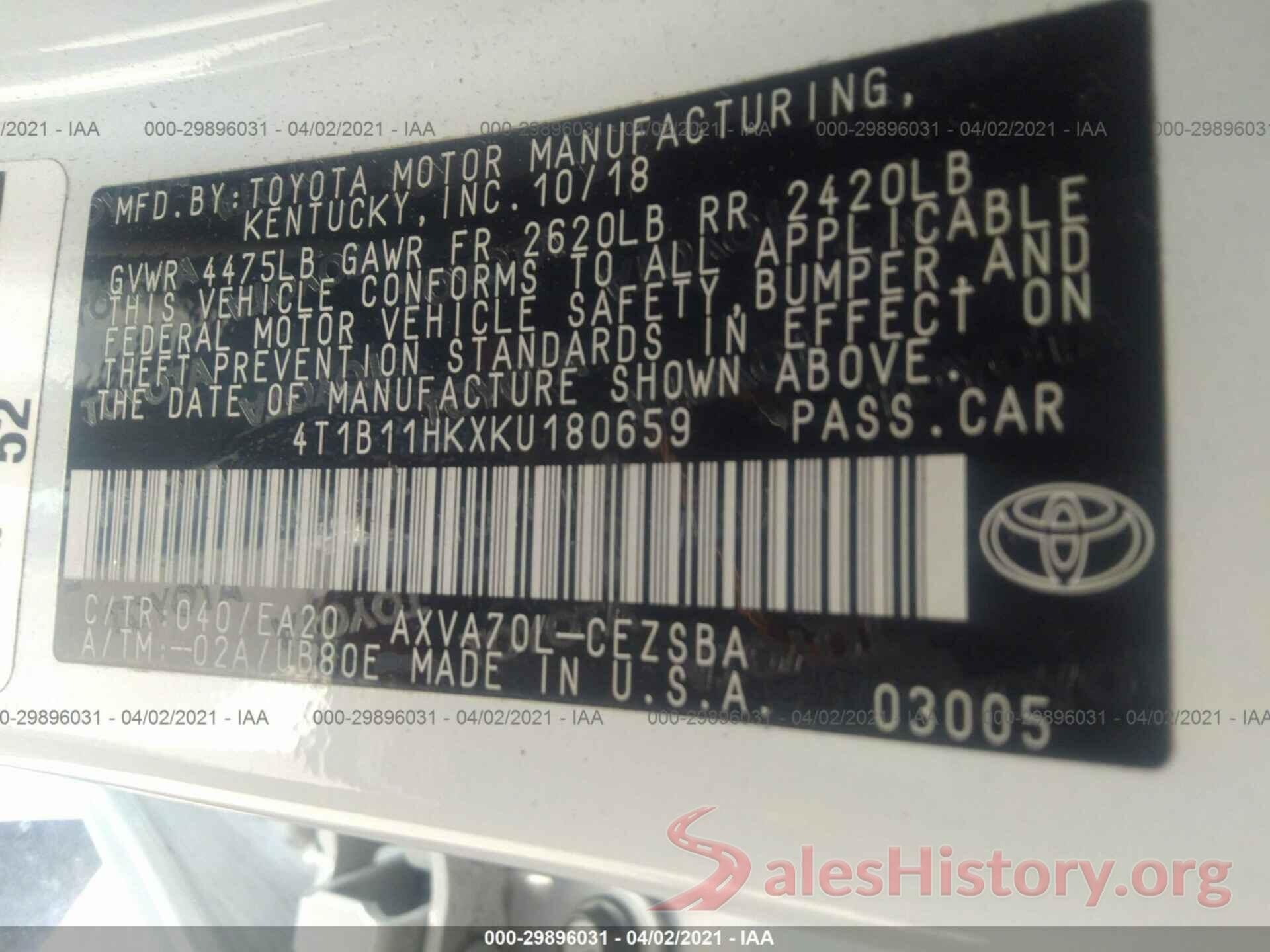 4T1B11HKXKU180659 2019 TOYOTA CAMRY