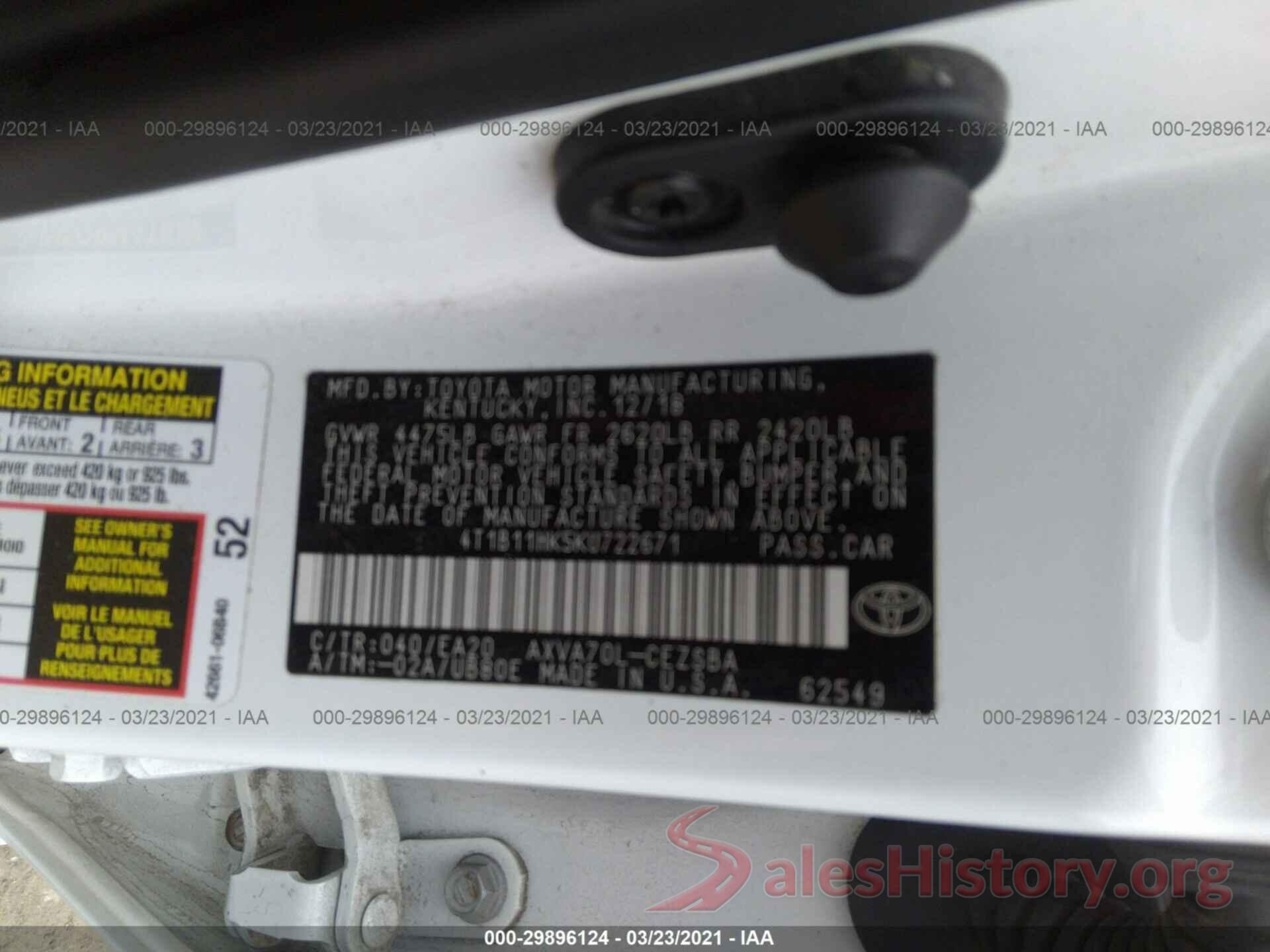 4T1B11HK5KU722671 2019 TOYOTA CAMRY